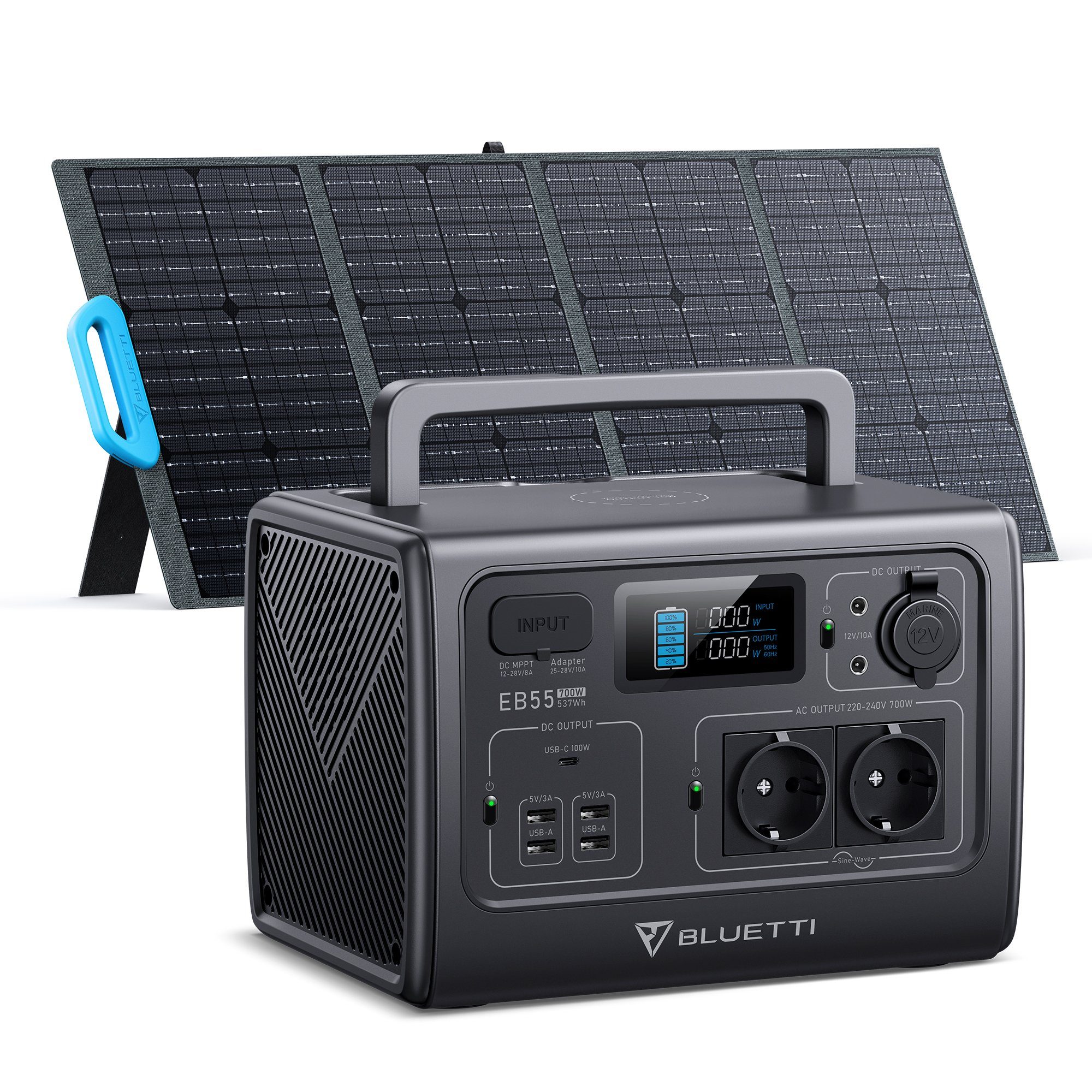 120W Stromgenerator mit EB55 Solar mit Panel, Solarpanel), BLUETTI Camping, Outdoor (1-tlg., für Stromerzeuger Off-Grid, 700W/537Wh PV120 Solar Blackout