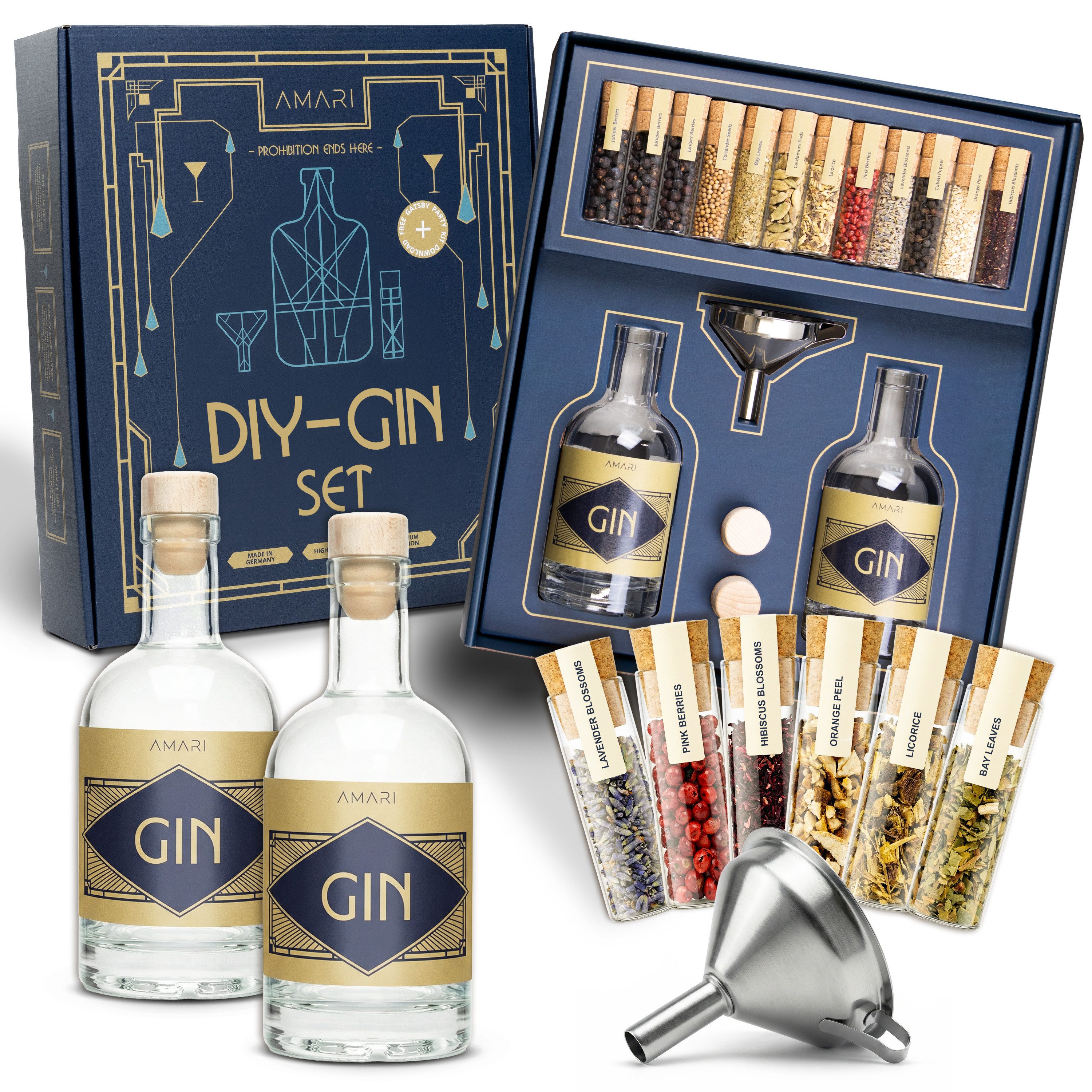 Amari Geschenkbox Gin selber machen Set, DIY Gin Baukasten mit 12 Botanicals (Gin Kit mit Anleitung & Rezeptideen, Wacholderbeeren, Kardamom, Lavendel, Hibiskus, Kubebenpfeffer & mehr), Geschenk für Männer, Frauen & Gin-Fans, hergestellt in Deutschland