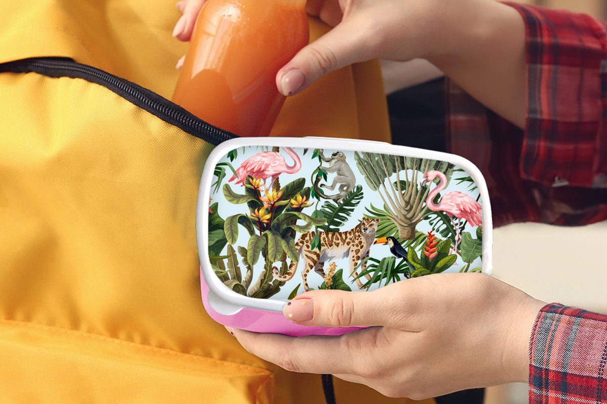 Erwachsene, Brotbox - Mädchen - für Dschungel - Kinder Tiere Kunststoff rosa Lunchbox Kunststoff, Kinder, Brotdose Flamingo MuchoWow Mädchen, Papagei, (2-tlg), - Jungen - - Snackbox,
