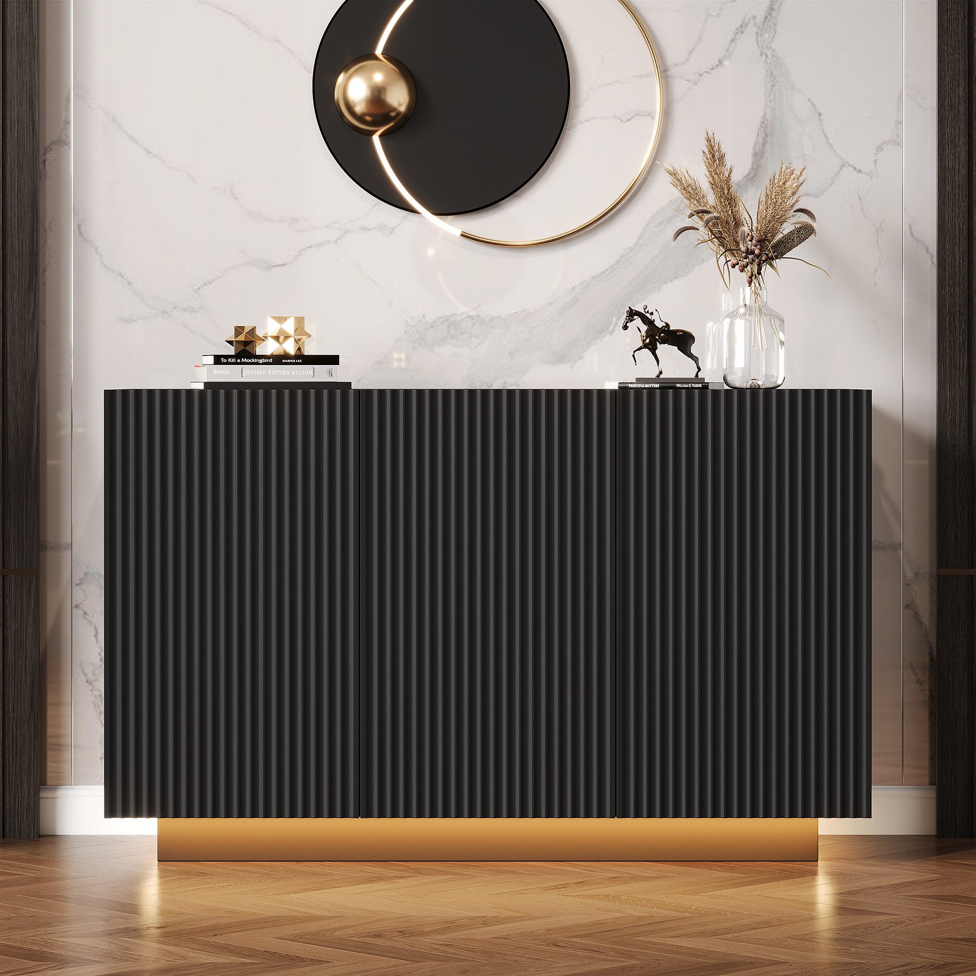 Merax Sideboard in Schwarz-Marmoroptik (1 St., Buffetschrank mit Push-to-Open-Funktion), Kommode mit LED & Bluetooth, Anrichte mit 3 Türen & Stauraum, B:120cm