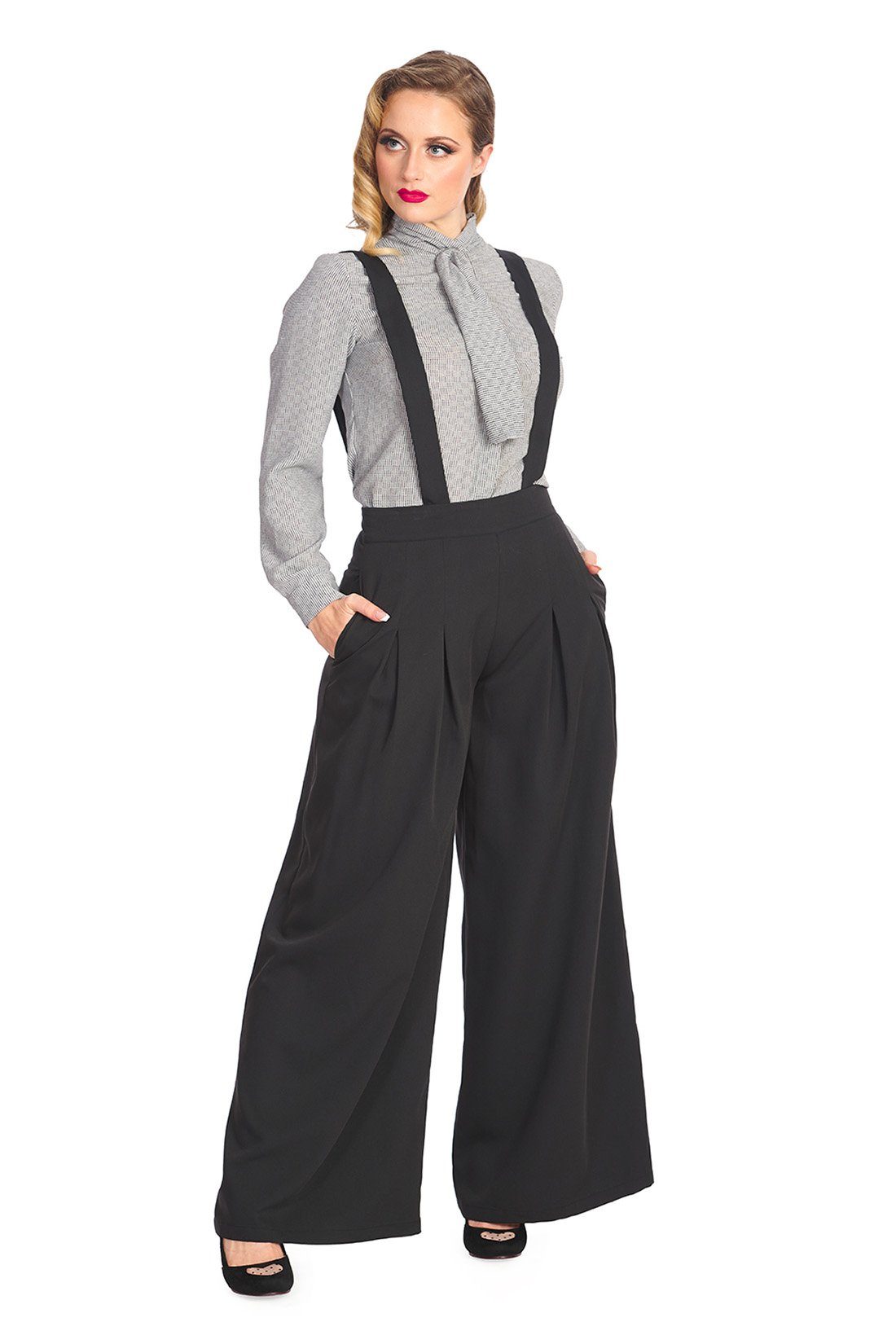 Banned Marlene-Hose Palazzo Diamond Schwarz Vintage Trouser abnehmbare Hosenträger