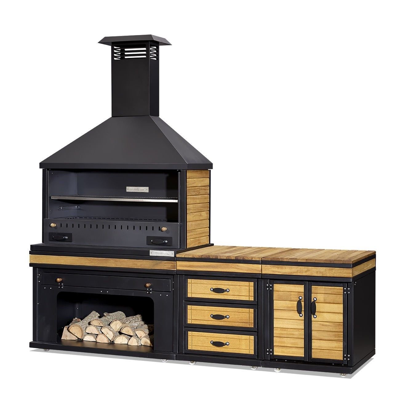JVmoebel Outdoor-Küche Elegante Außenküche aus Holz und Edelstahl in Schwarz mit Grillbereich, Made in Europe