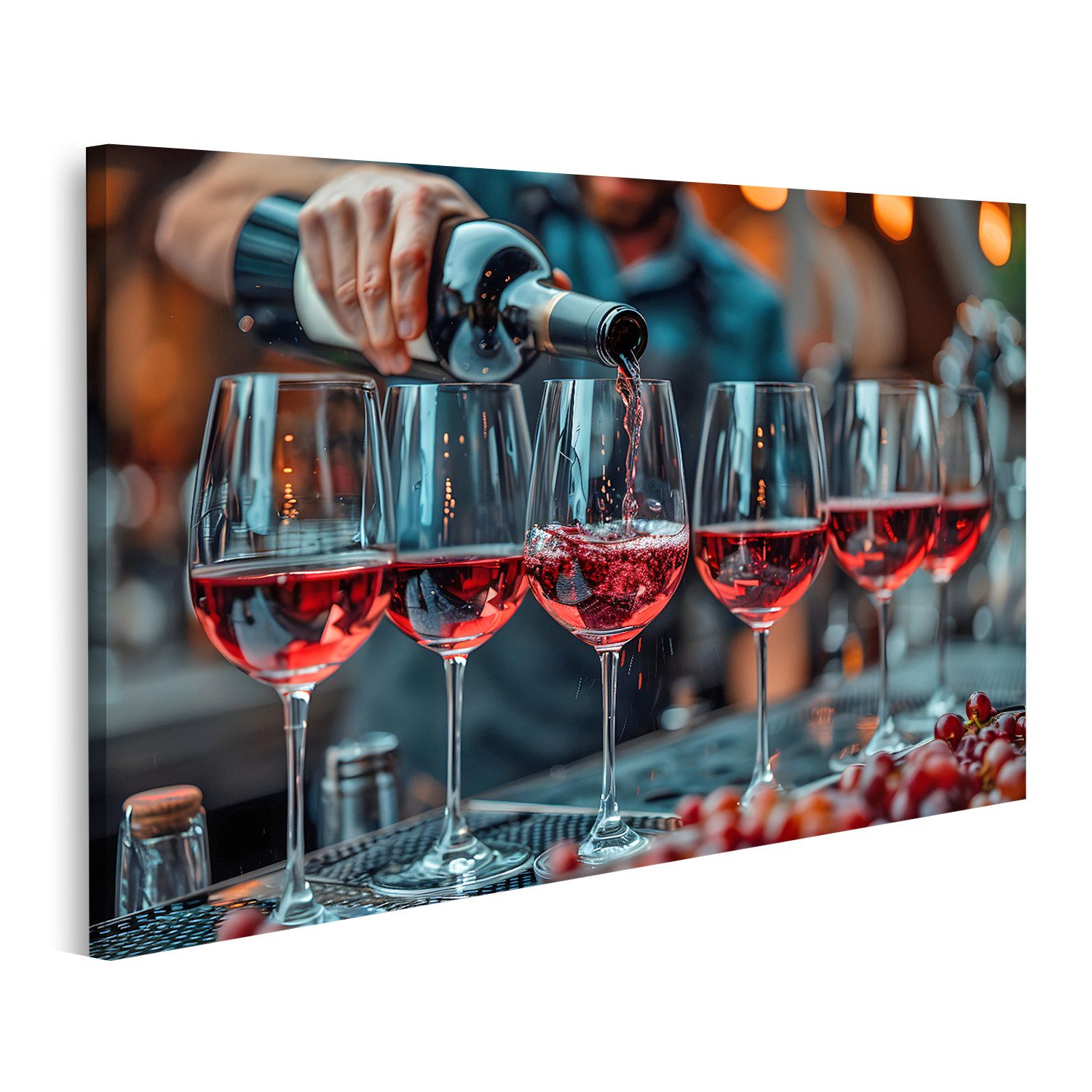 Leinwandbild Eine Person füllt eine Reihe Weingläser mit edlem Rotwein auf dem Wand