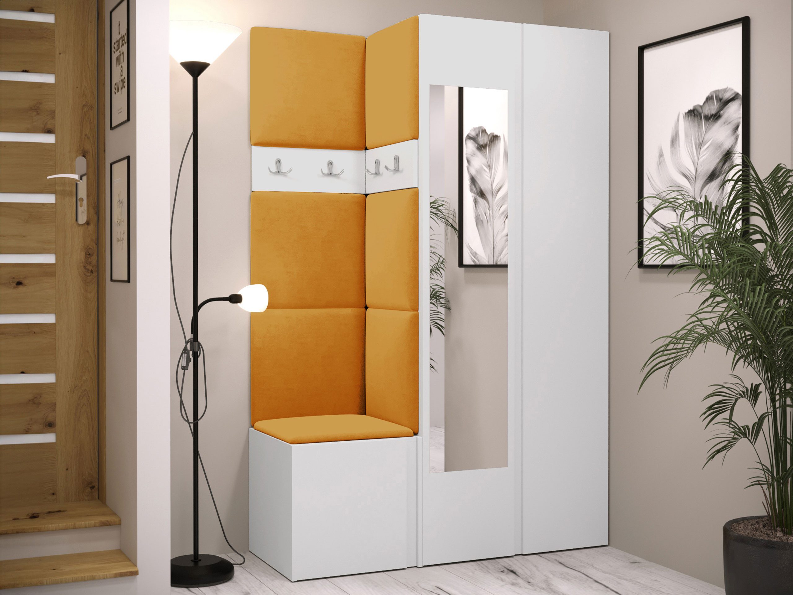 MIRJAN24 Garderoben-Set Orion XXVI, (Komplett-Set, Schrank, Kleiderschrank mit Spiegel, Kleiderhaken, 7x Paneel 42x42), Auswahl aus Fronten und Polsterplatten