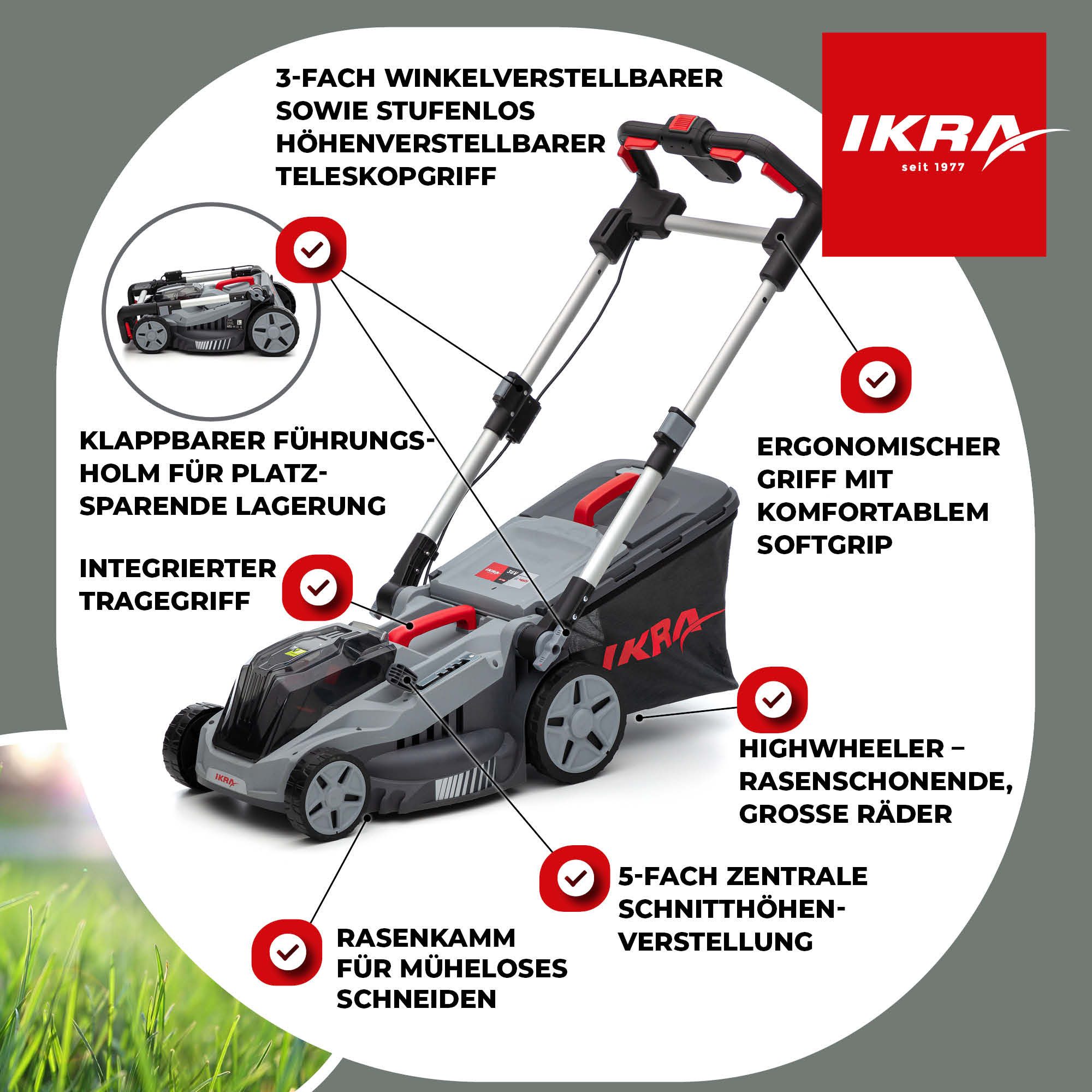 ikra GmbH Akkurasenmäher IB-LM 38, 38 cm Schnittbreite, (ohne Akku & Ladegerät), kompatibel mit BOSCH 36V