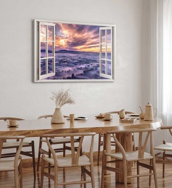 Sinus Art Leinwandbild Wandbild 120x80cm Fensterbild Horizont Berge Stadt Sonnenuntergang Abe, (1 St)