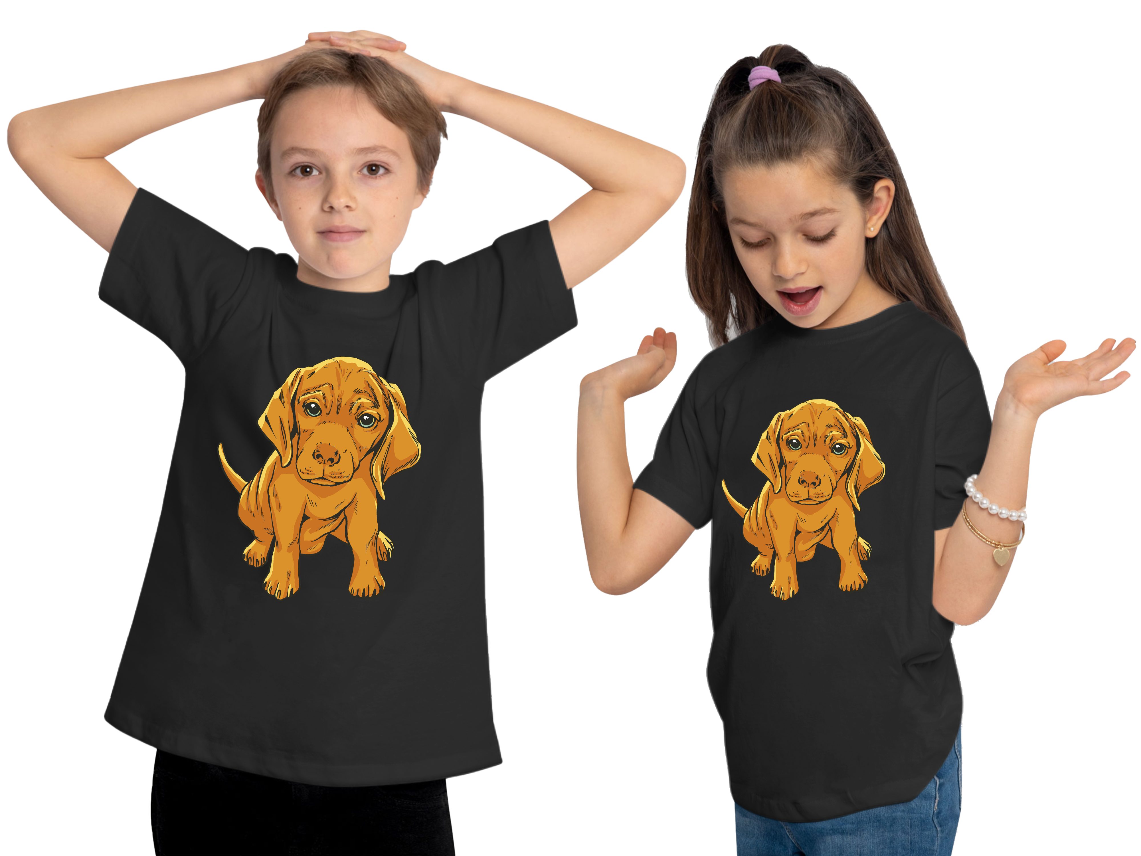 MyDesign24 Print-Shirt Kinder Welpe T-Shirt Baumwollshirt Süßer - Hunde bedruckt mit Aufdruck, schwarz i230