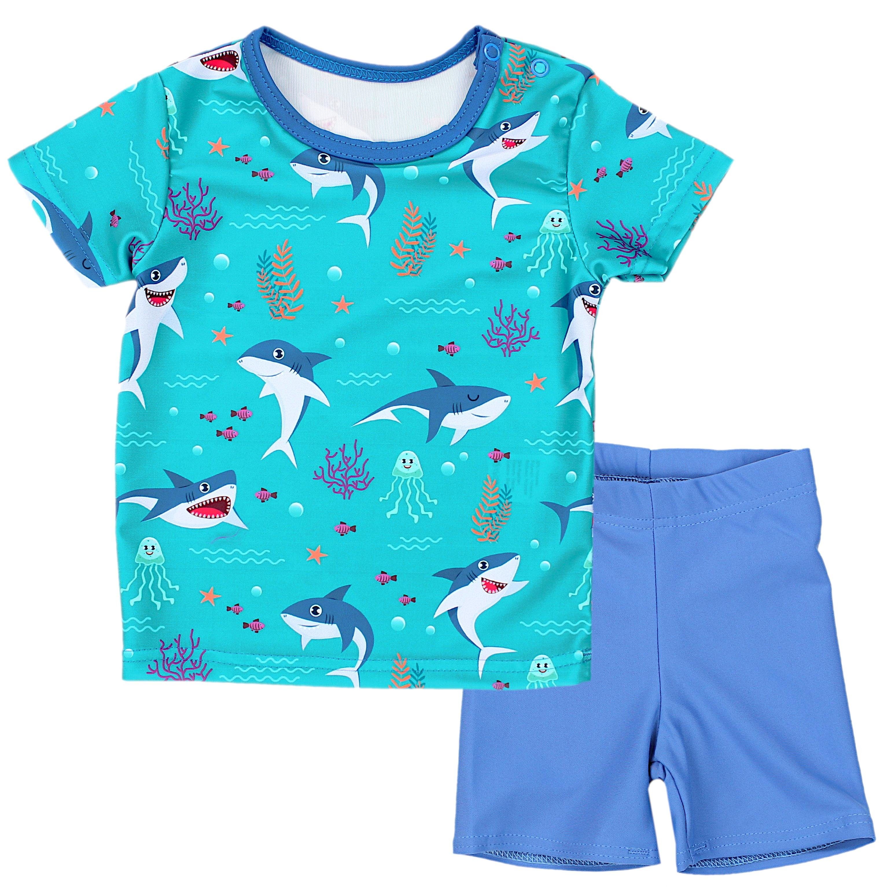 Aquarti Badeanzug Baby Jungen Zweiteiliger Kinder Badeanzug T-Shirt Badehose UV-Schutz Haie im Meer Dunkeltürkis / Jeans Blau