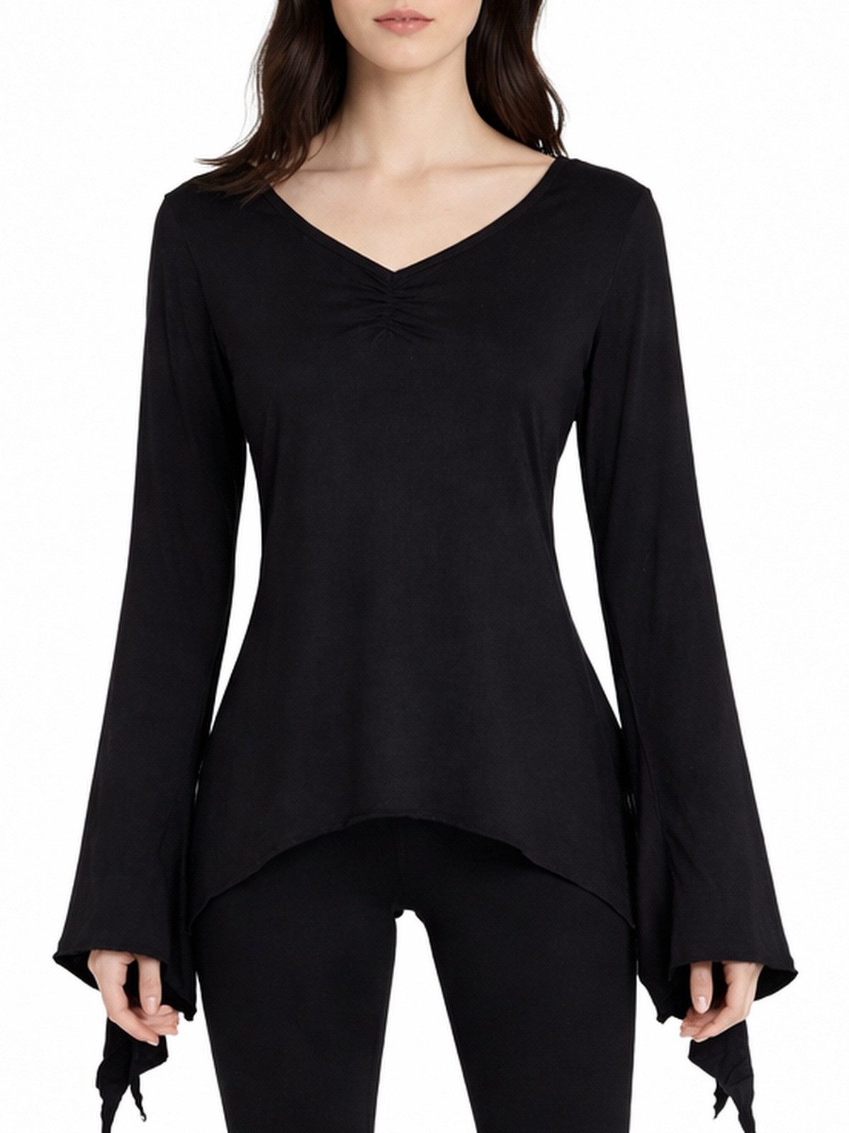 Vishes Zipfelshirt Damen Langarm Zipfelärmel V-Ausschnitt Jersey Alternative Mode, Boho, Hippie, Ethno, Festival