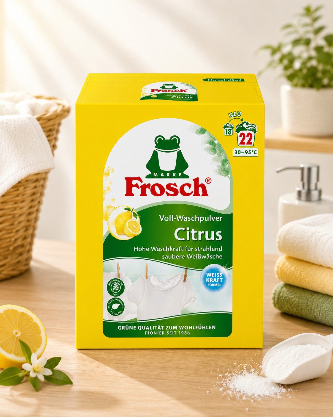 FROSCH Frosch Voll-Waschpulver, Citrus, mit Weißkraftformel, 22 WL Vollwaschmittel