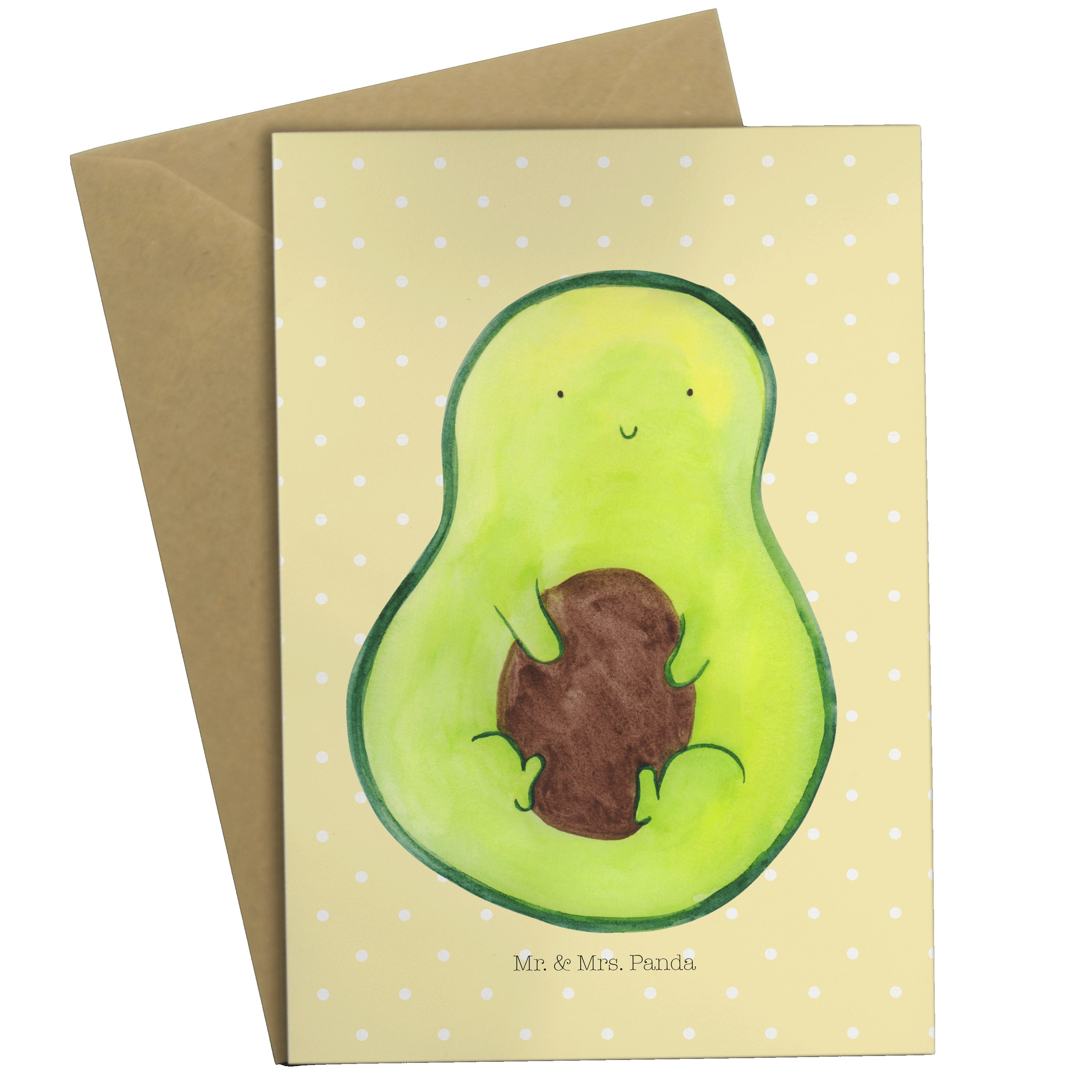 Mr. & Mrs. Panda Grußkarte Avocado mit Kern - Gelb Pastell - Geschenk, glücklich, Pflanze, Spruc | Grußkarten
