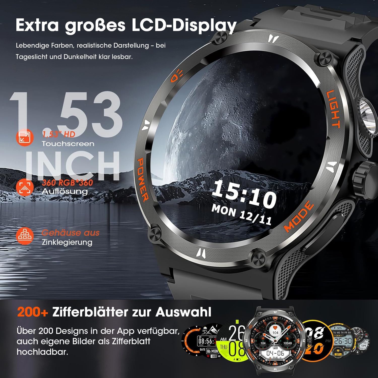 SWGOTA Smartwatch Herren Militär mit Taschenlampe,Kompass,Telefonfunktion Smartwatch (3.88 cm), 1,53 Zoll Fitnessuhr mit Herzfrequenz/SpO2/Schlafmonitor,500 mAh Akku