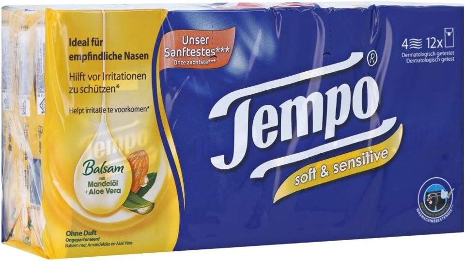 TEMPO Papiertaschentücher Taschentücher Plus 4-lagige Papiertücher 12 x 9 Tücher (1-St)