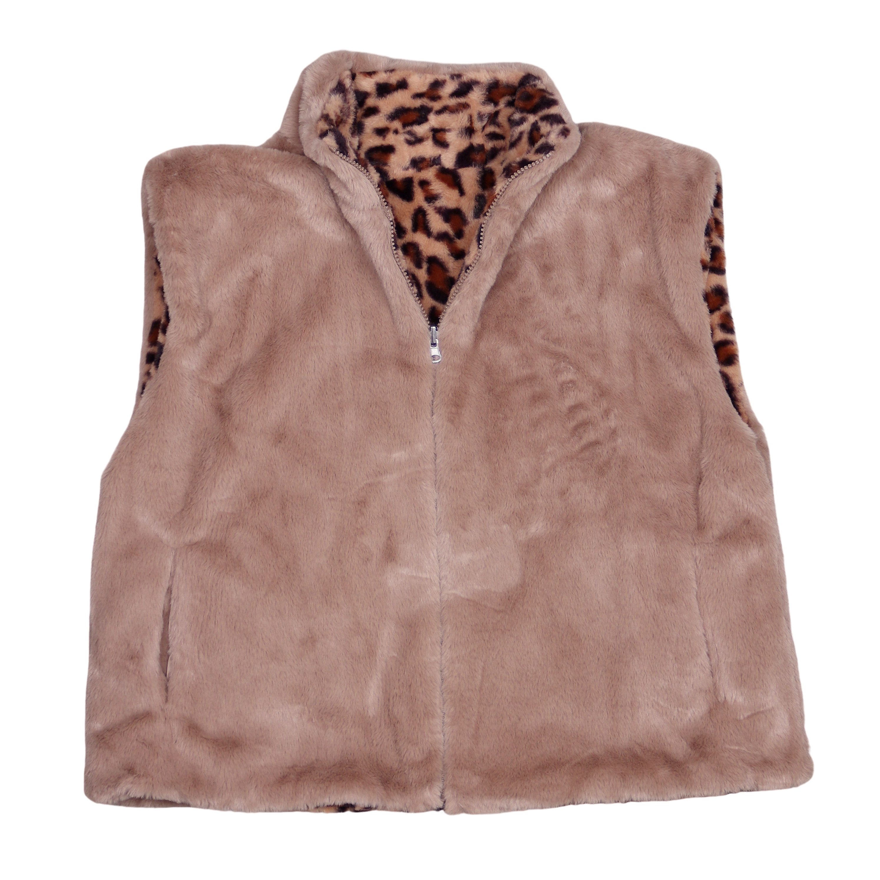MIRROSI Plüschweste Damen Wendeweste Plüsch – Teddy Weste mit Leo Muster (One Size – passend ca. für Größe 38, 40,42 und 44) beidseitig tragbar – Reißverschluss – Bild 3 von 5