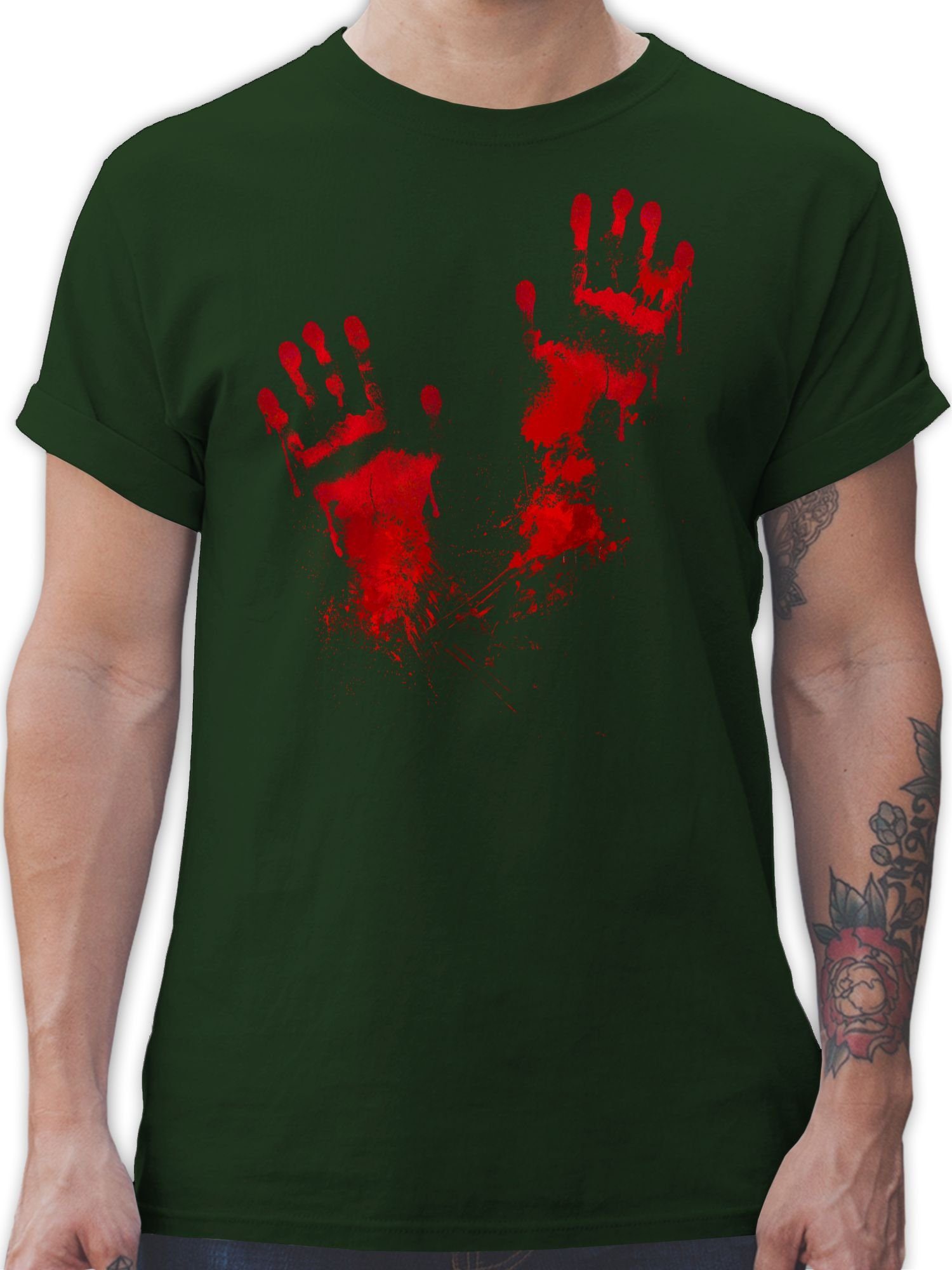Shirtracer T-Shirt Blutige Handabdrücke Gruselig Blut Handabdruck Halloween Kostüme Herren 03 Dunkelgrün