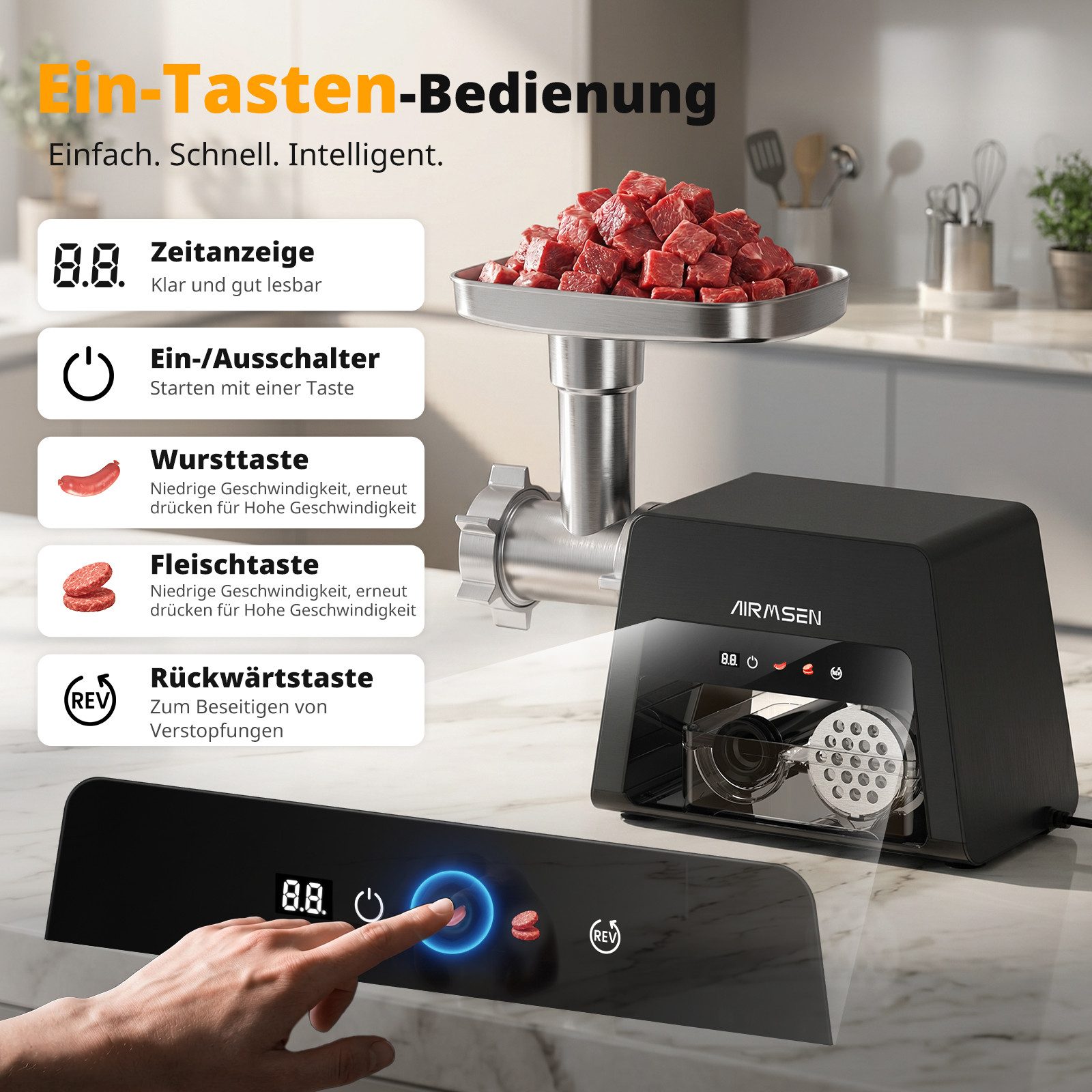 Airmsen Fleischwolf Elektrischer Fleischwolf 3-in-1 Gemüseschneider Wurstfüller, 2500 W, Leiser Betrieb,Touch-Bedienfeld,Überhitzungsschutz,Aufbewahrungsbox
