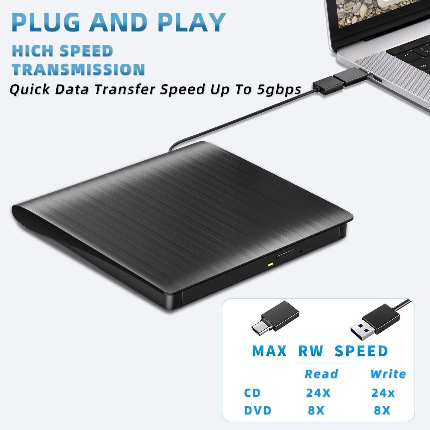 Forrlite Externes CD DVD Laufwerk USB 3.0 Typ-C, Slim CD DVD RW Brenner DVD-Brenner (DVD 8x/CD 24x, Externes DVD-Laufwerk,Kompatibel mit Windows)