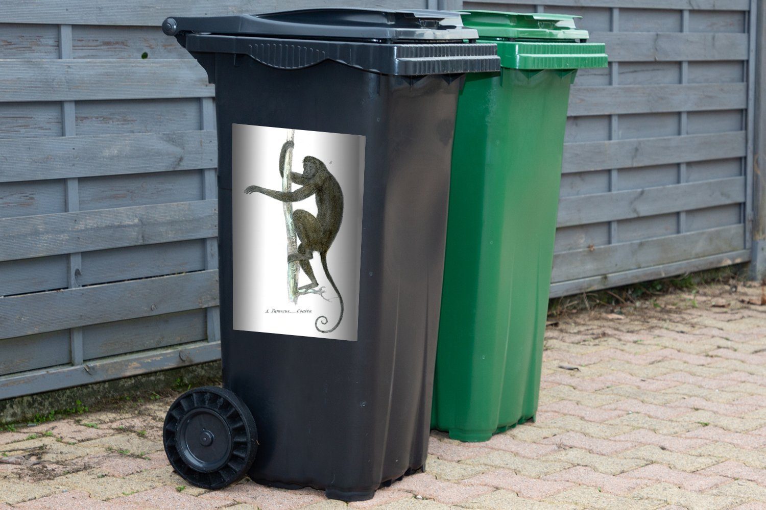 MuchoWow Wandsticker Eine einem Illustration Mülleimer-aufkleber, auf Klammeraffen Mülltonne, Abfalbehälter (1 St), eines Sticker, Container, Bambusstab