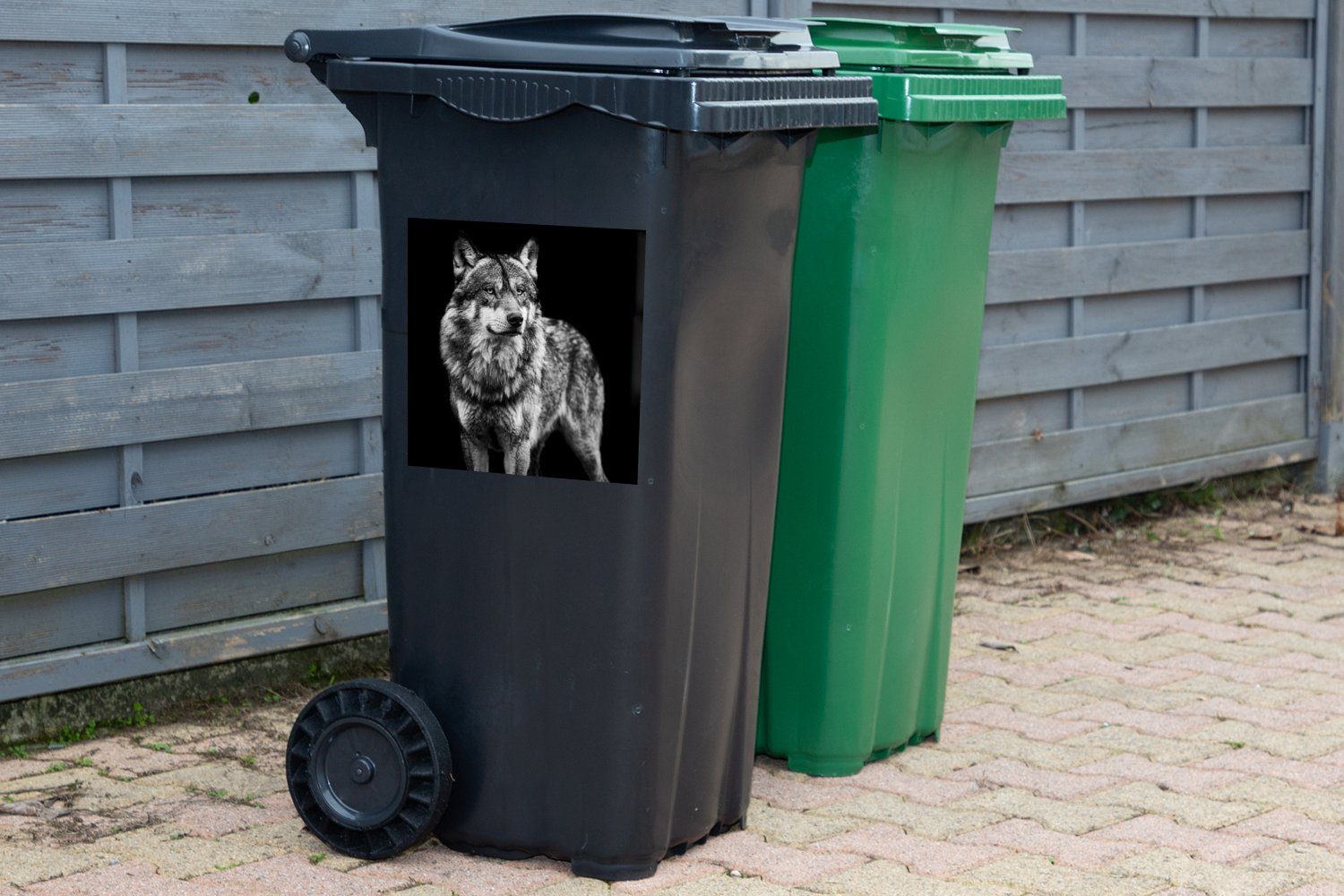 MuchoWow Container, Wandsticker Schwarz - - Sticker, - Mülltonne, Abfalbehälter Mülleimer-aufkleber, Weiß Wild - Tiere (1 Wolf St),