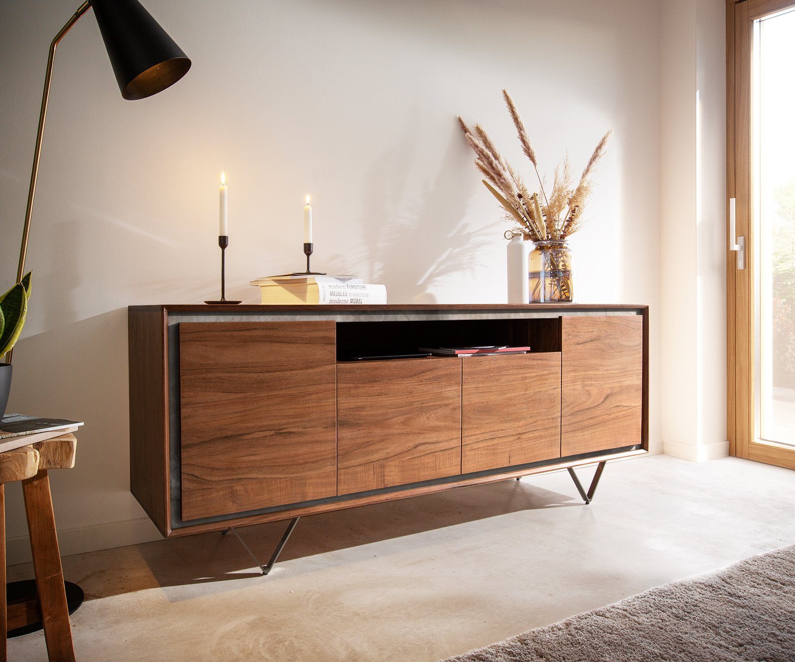 DELIFE Sideboard Stonegrace, Akazie Braun Steinfurnier 175 cm 4 Türen 1 Fac günstig online kaufen
