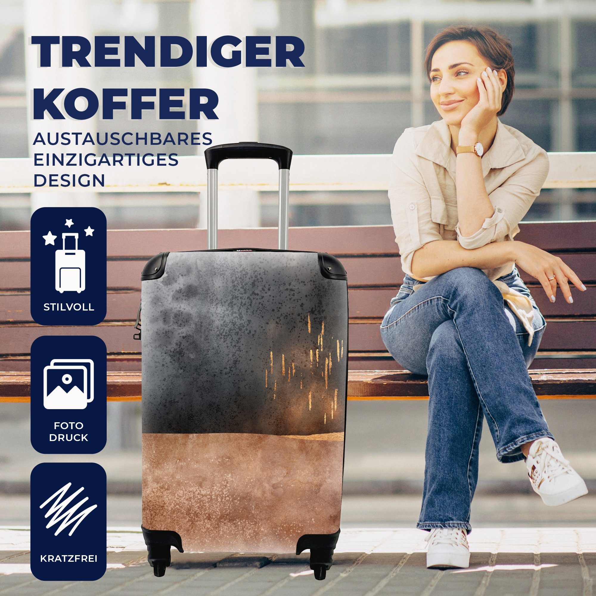 Rollen, MuchoWow für Design, Trolley, - Reisetasche Ferien, Reisekoffer rollen, Handgepäckkoffer Abstrakt - Gold Handgepäck mit 4