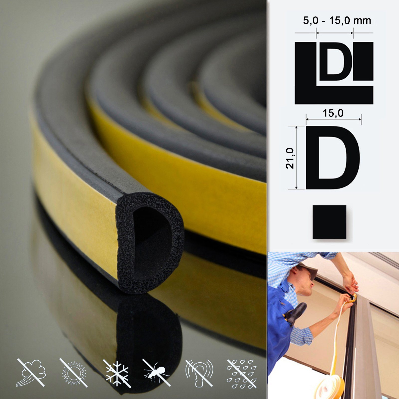 Türdichtband DQ-PP Fensterdichtung, 5 Meter, Profil D,E,I,P,V, selbstklebend