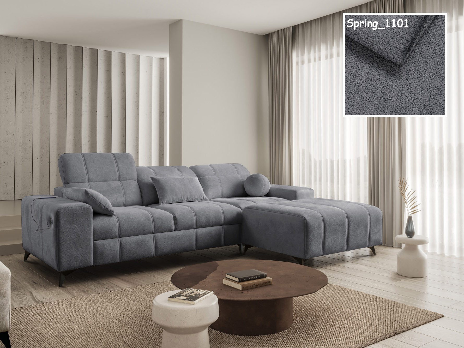 Möbel für Dich Ecksofa Dafne 1 Ecksofa oder Dreisitzer mit Hocker, frei kombinierbar, mit USB, Bettfunktion, Bettkasten und drei verstellbaren Kopfstützen