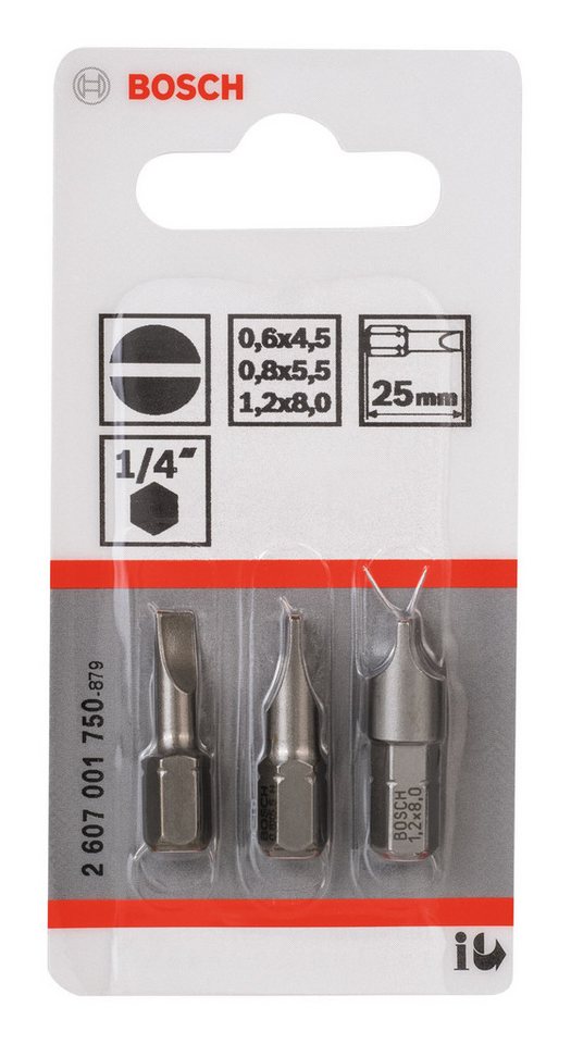 Thumbnail - BOSCH Bit-Set, 3 Teile, Schrauberbit Extra-Hart - S0,6 x 4,5, S0,8 x 5,5, S1,2 x 8 x 25 mm
