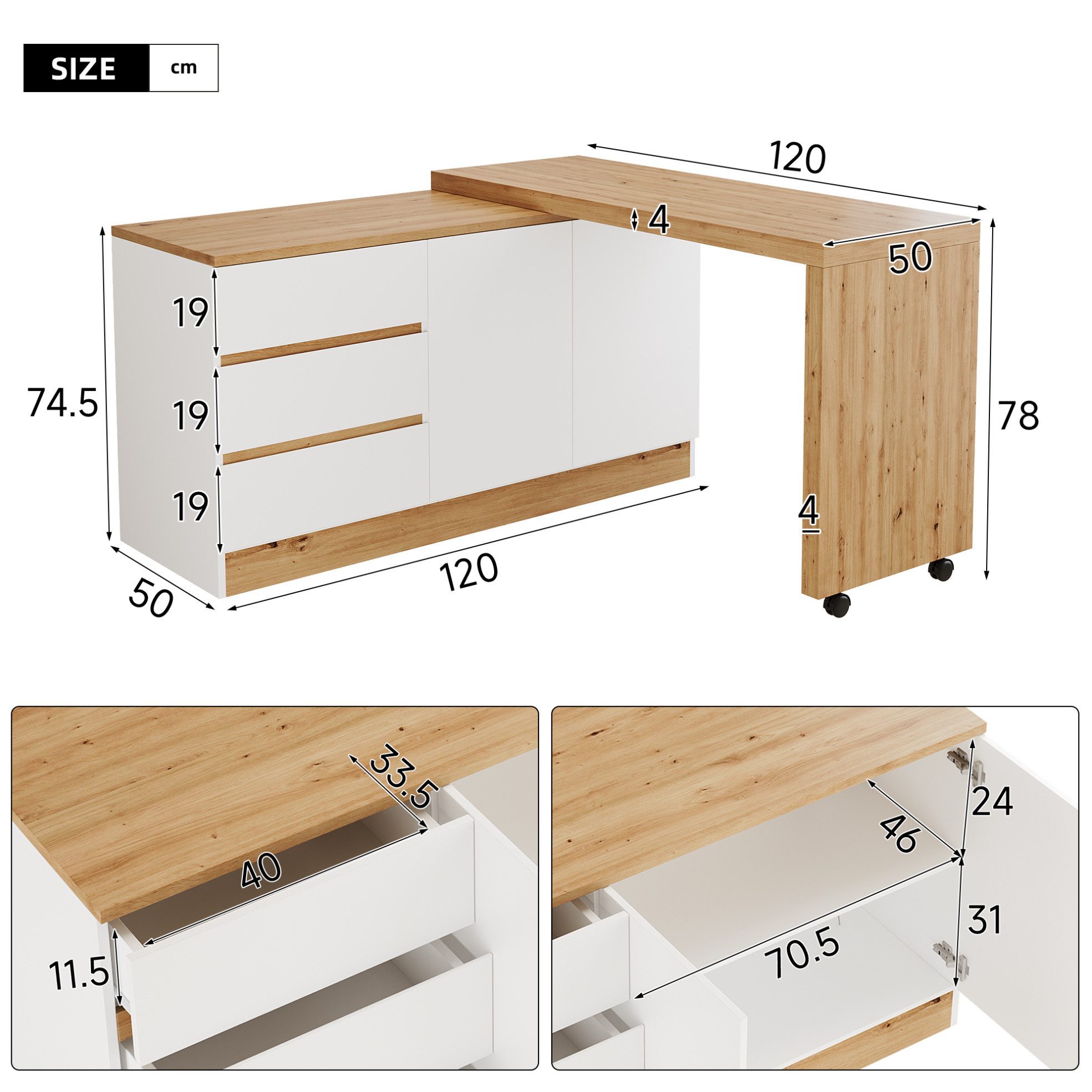 MODFU Eckschreibtisch Multifunktionstisch mit 3 Schubladen & 2 Türen (Packung, 1-St., Natur+Weiß, 120×78×50 cm, für Büro & Wohnzimmer), drehbare Platte, 4 cm stark, Rollen mit Bremsen