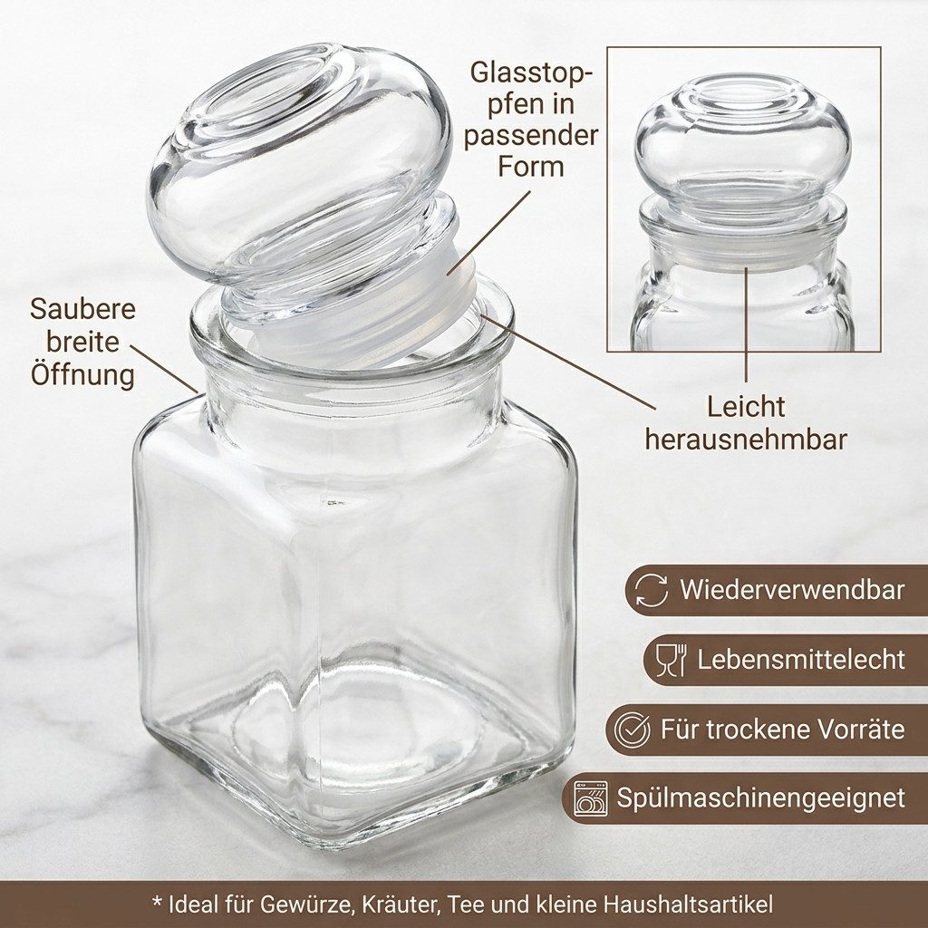 gouveo Vorratsglas Gewürzgläser 150 ml eckig mit Glaskorken - Gläser mit Glasstopfen, (24-tlg), Glaskorken, eckige Form, luftdicht verschließbar – Bild 4 von 5