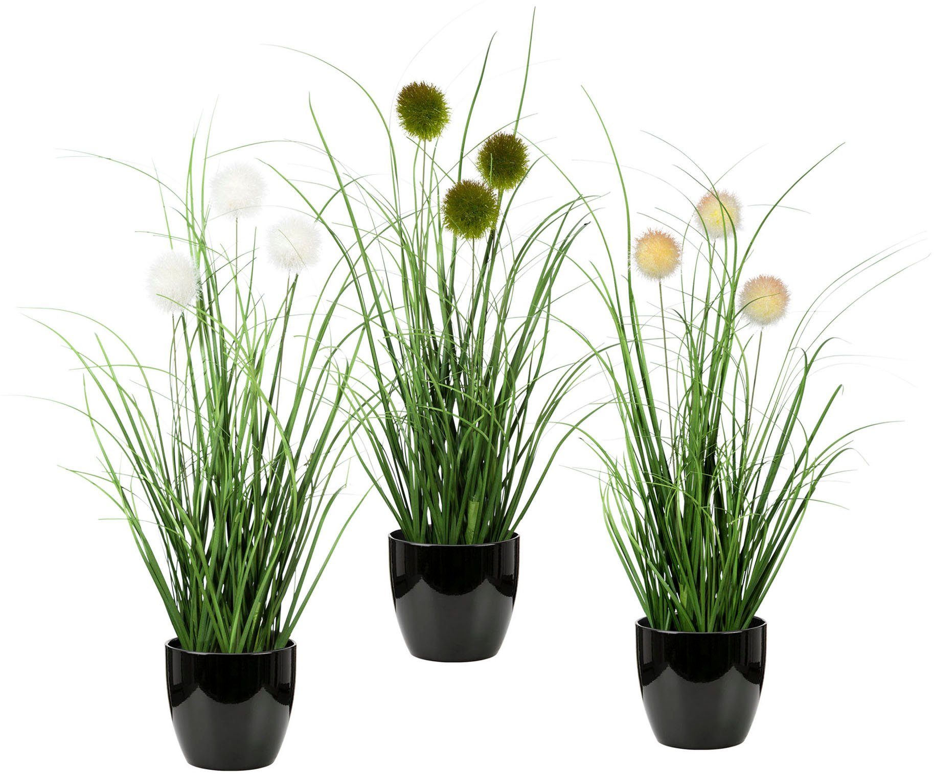 Kunstgras Grasbusch mit Kletten, Leonique, Höhe 35 cm, Kunstpflanze, Gras, im Topf, 3er-Set grün/schwarz