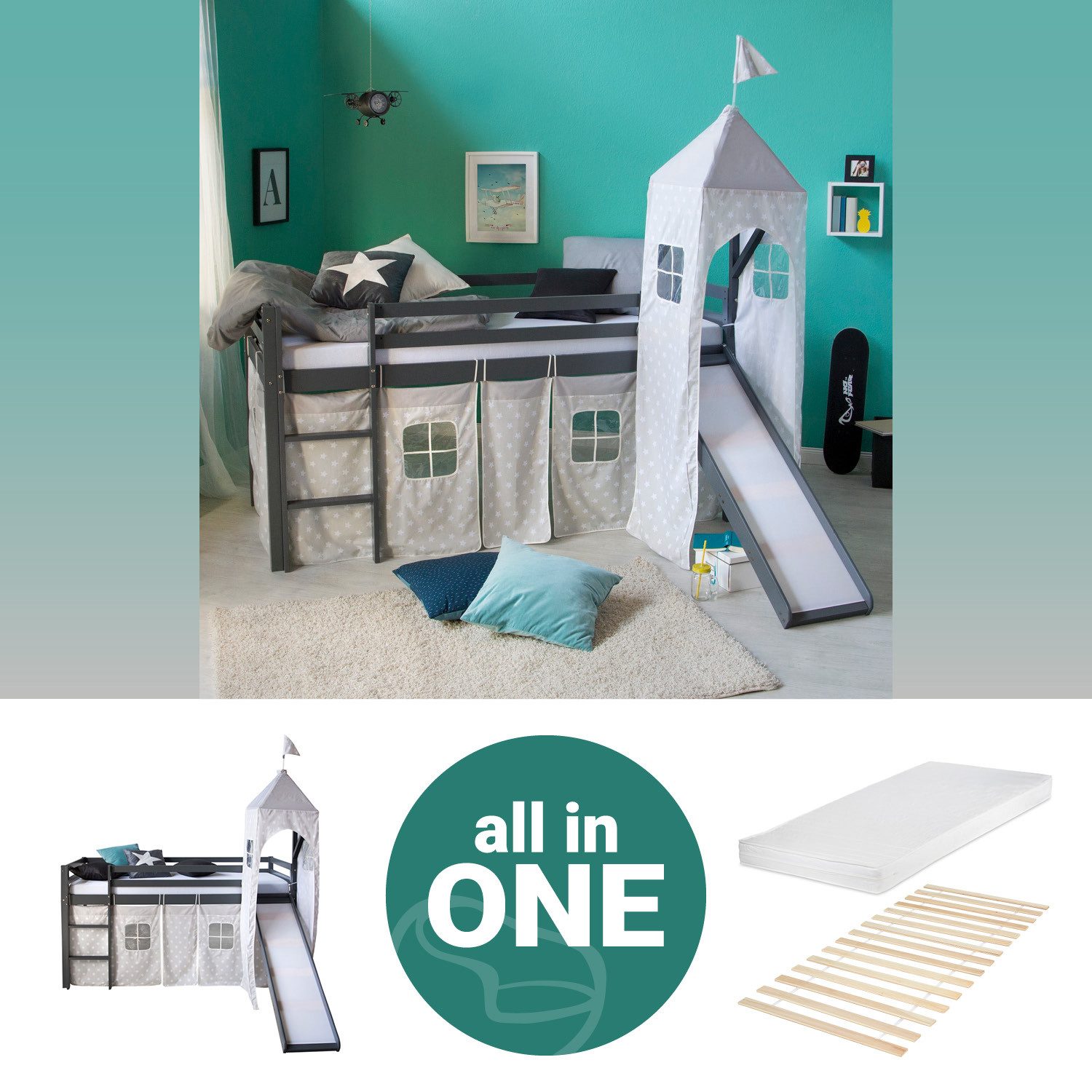 Homestyle4u Kinderhochbett 90x200 Grau mit Lattenrost Rutsche Matratze 2786 günstig online kaufen