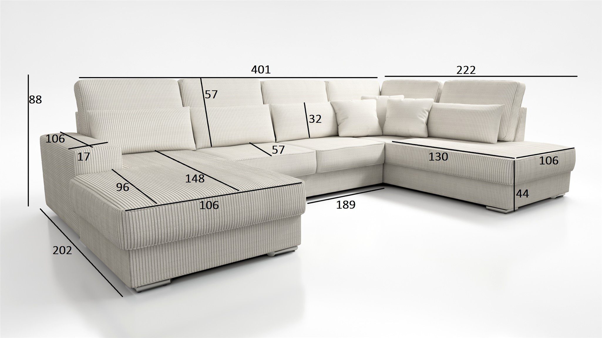 Sofa Möbel Rechts, Stoff Fun Scala, Rundumbezug NEVIO oder Dunkelgrau in Wohnlandschaft U-Form mane Links