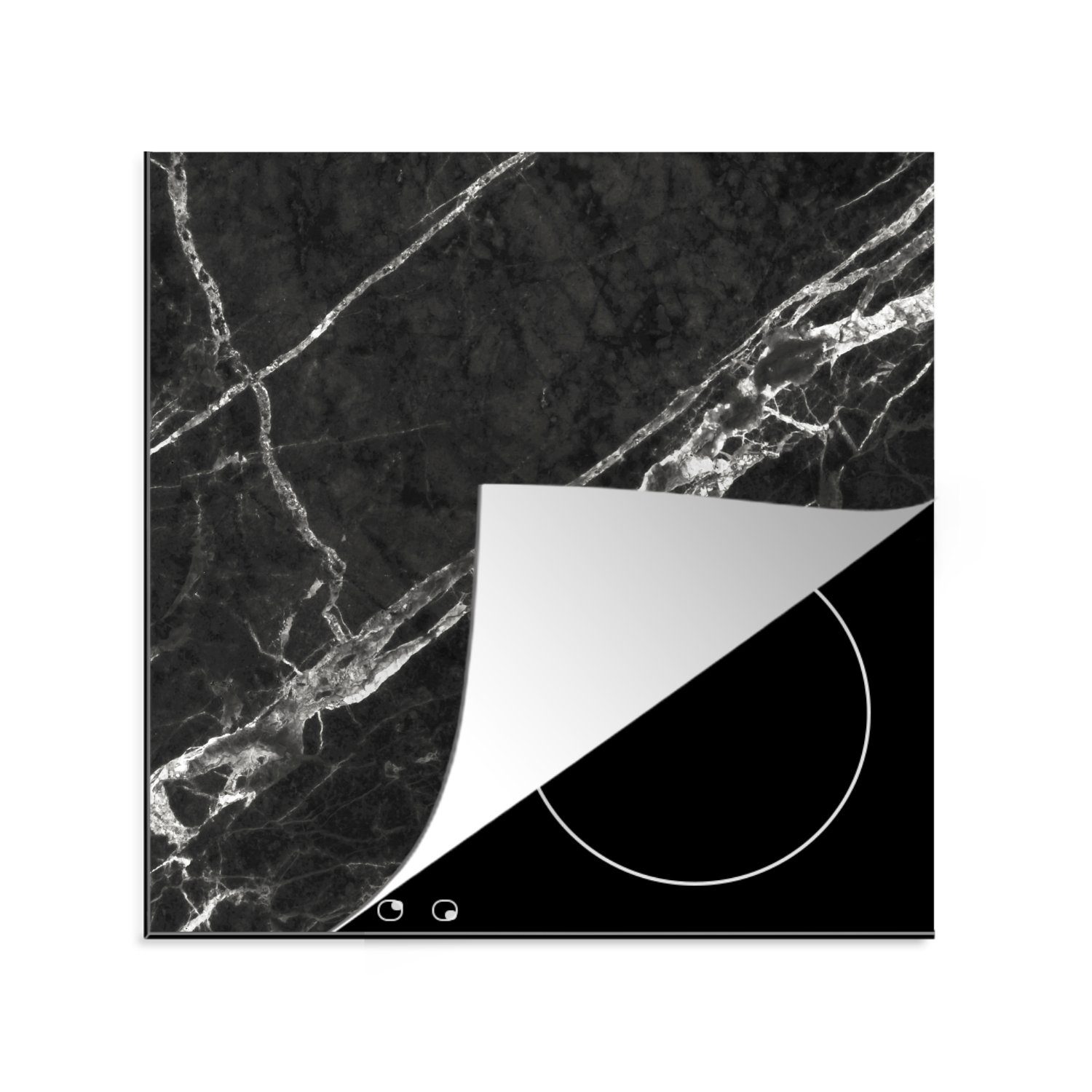 Marmor tlg), Herdblende-/Abdeckplatte - - küche Linie für (1 78x78 Ceranfeldabdeckung, Weiß - Schwarz, Vinyl, Arbeitsplatte MuchoWow cm,