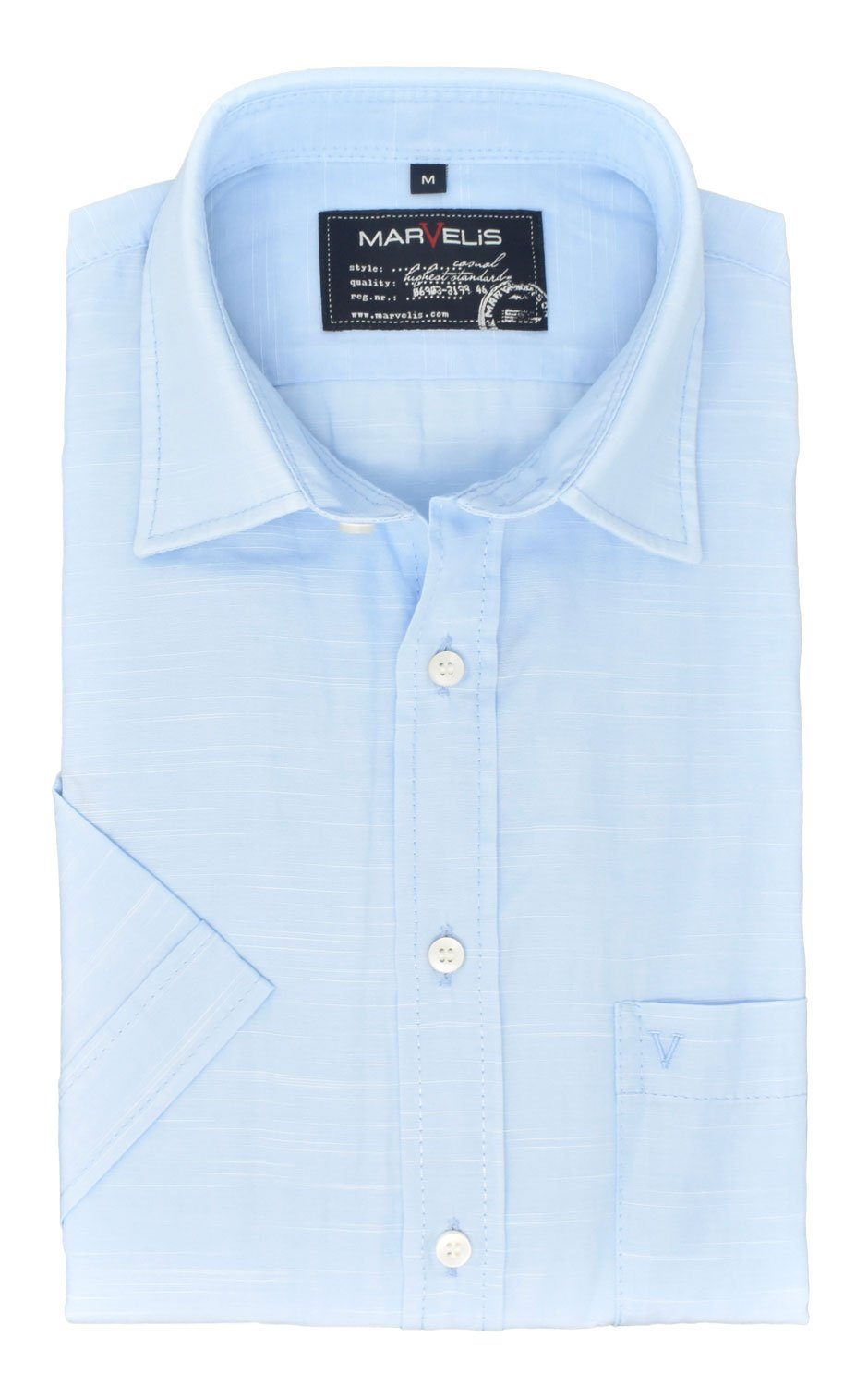 MARVELIS Langarmhemd Kurzarmhemd - Casual Fit - Kurzarm - Einfarbig - Hellblau Leinenoptik
