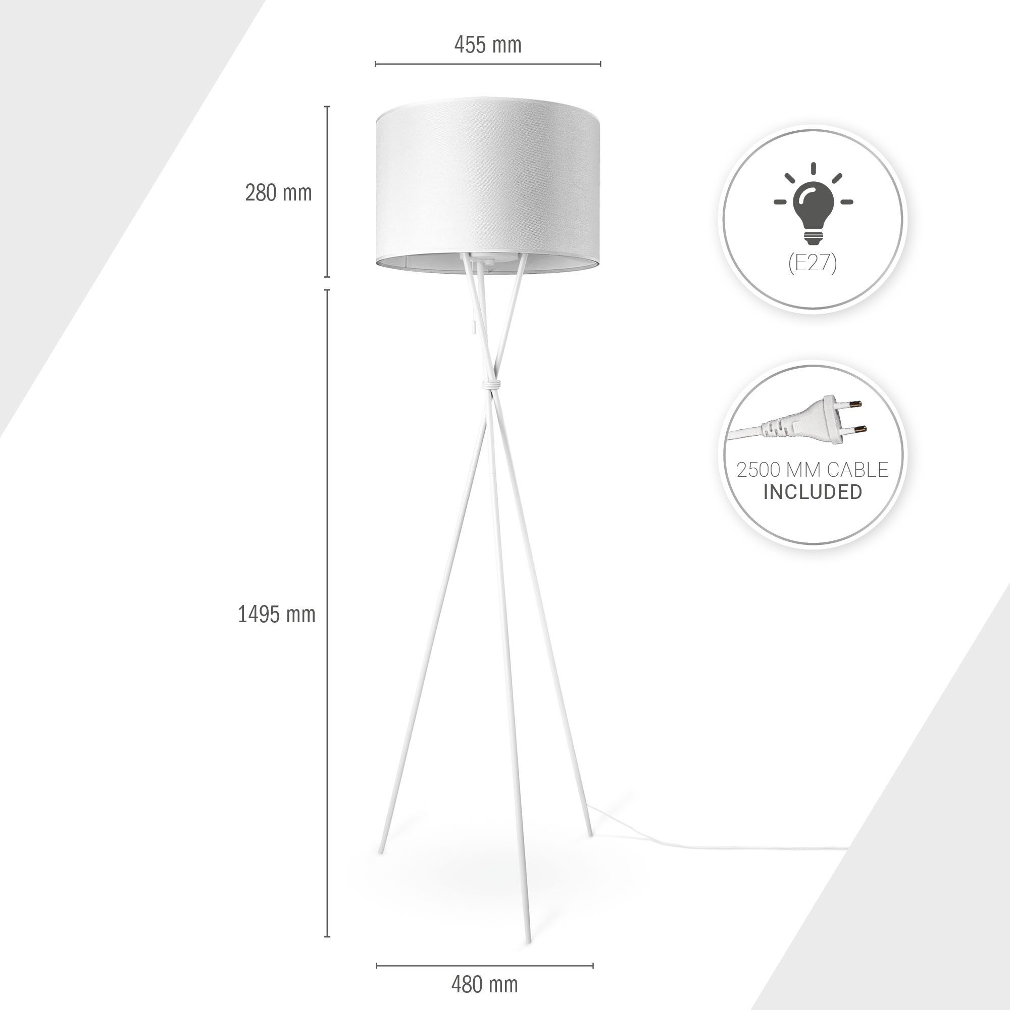 Standleuchte weiß Schirm Dreibein KATE Stoffschirmlampe Textil Leuchtmittel, Home UNI CANVAS E27 Wohnzimmer COLOR, Stehlampe Paco weiß ohne