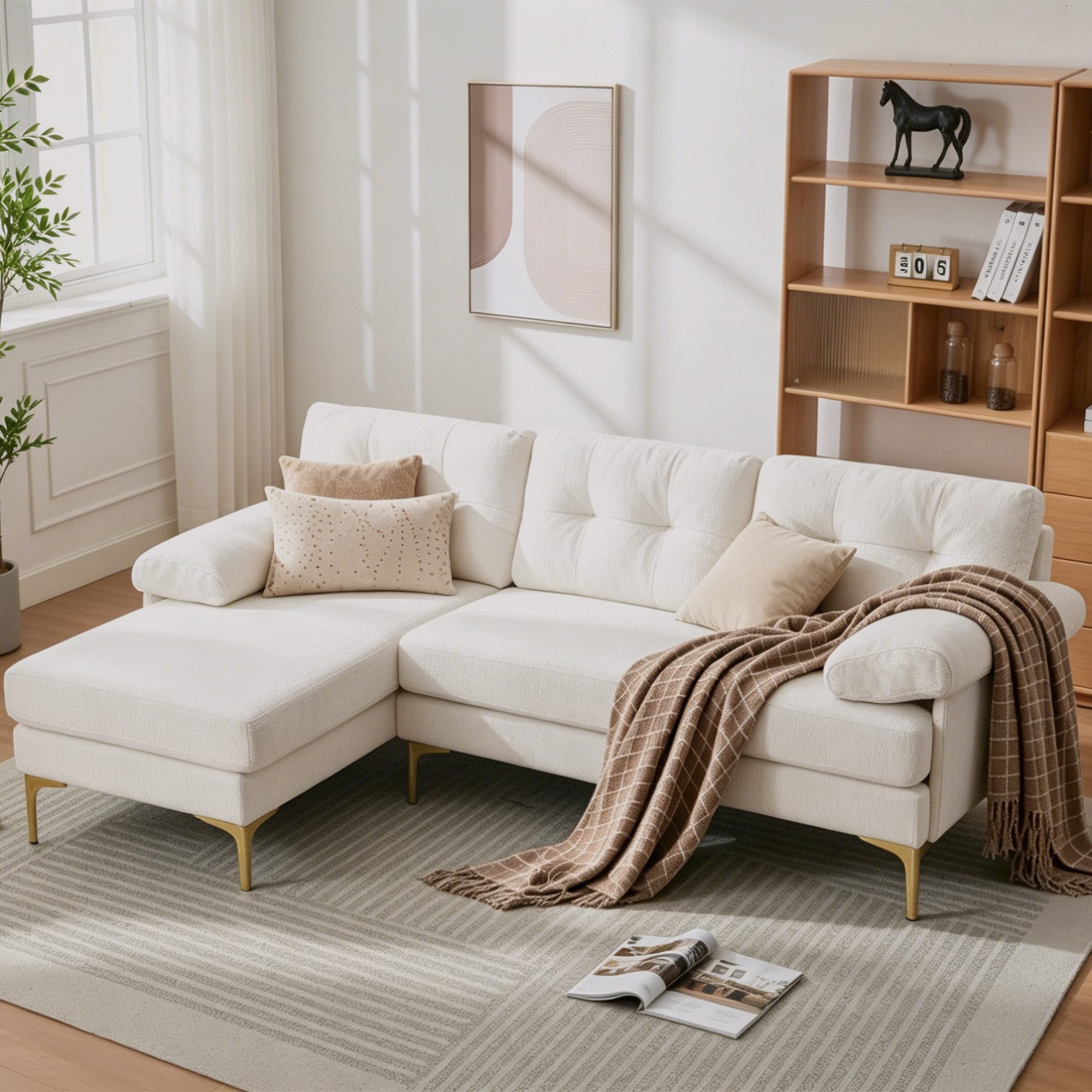 ibettertec Big-Sofa L-förmiges Sofa 187,5 cm mit Liegefunktion – Chenille-Stoff, 3 Sitzkissen, gepolsterte Armlehnen, verstellbarer Lounger