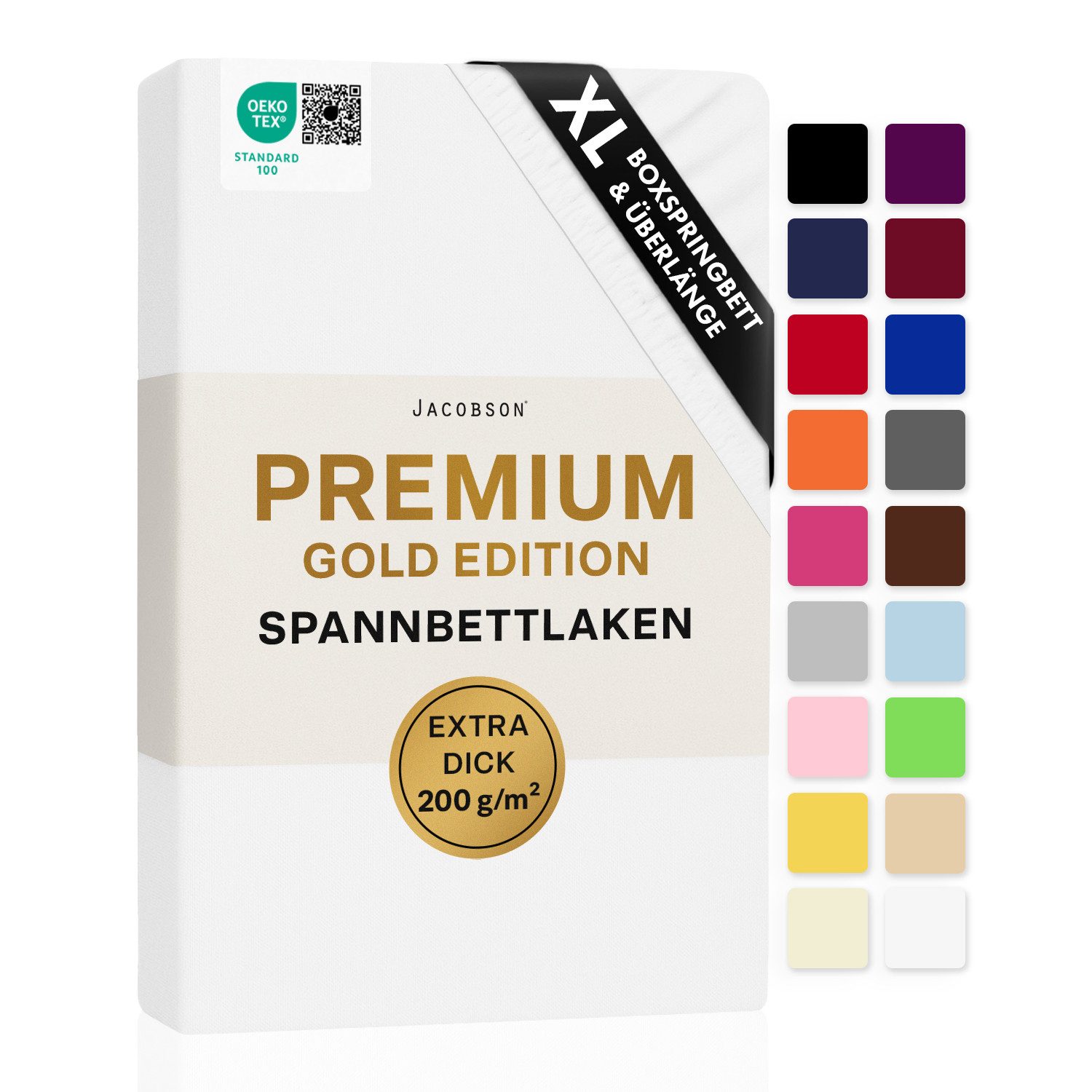 Jacobson Spannbettlaken PREMIUM für hohe Matratzen, Boxspringbett & Überlänge - 200 g/m², Stoffgewicht - straffer Sitz für maximalen Halt