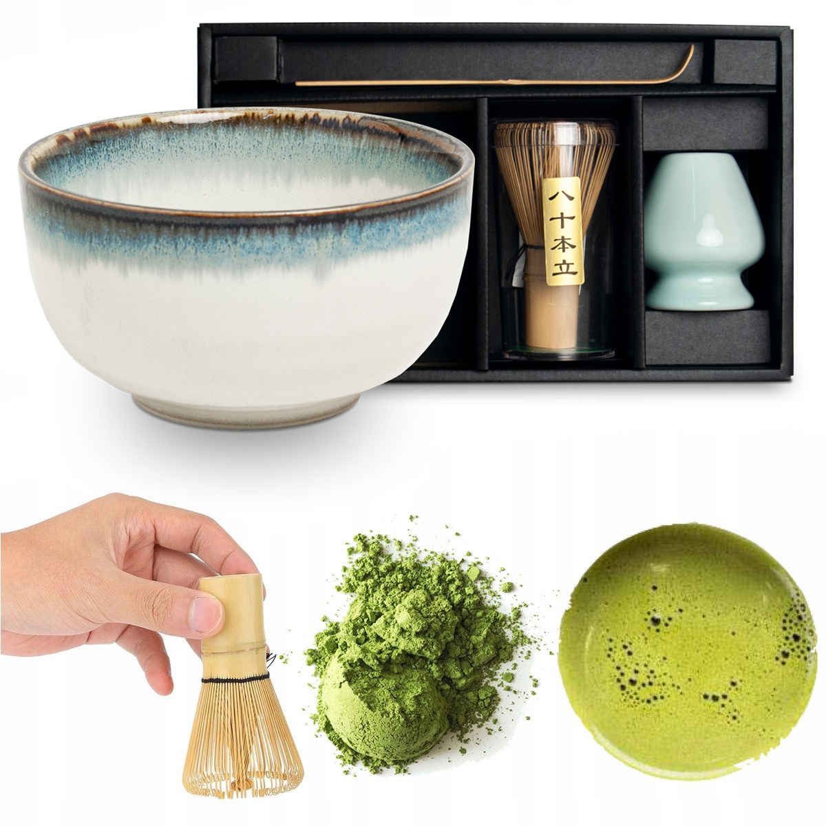 WestCraft Teeservice Matcha Set 4 tlg. Original japanische Matcha Schale mit Besen & Löffel (4-tlg), Bamboo, handgefertigt für eine authentische japanische Matcha & Tee-Zeremonie