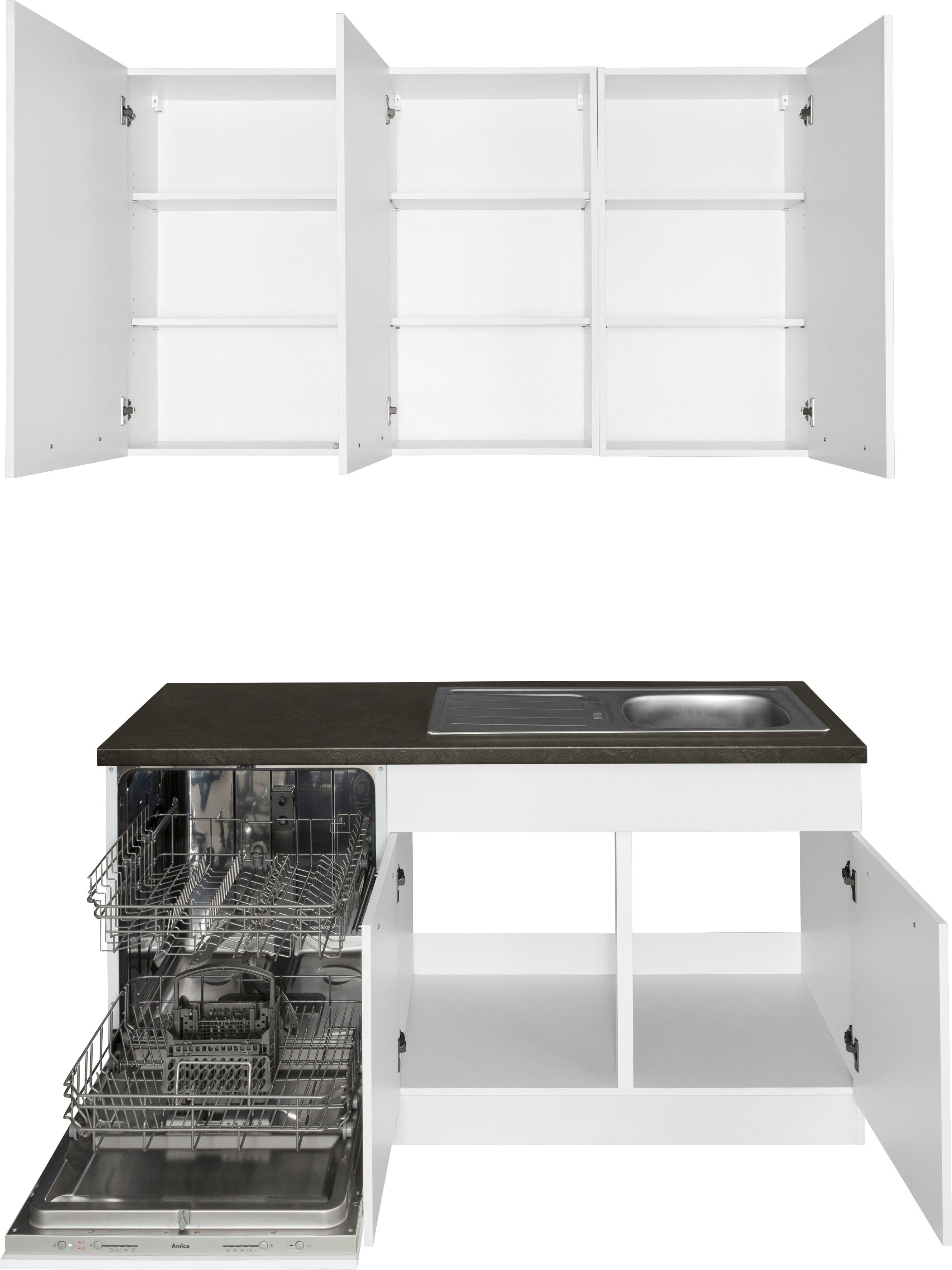 Stellbreite wiho Winkelküche Küchen 260 Unna, schwarz mit E-Geräten, 220 Weiß/Granit cm | x weiß