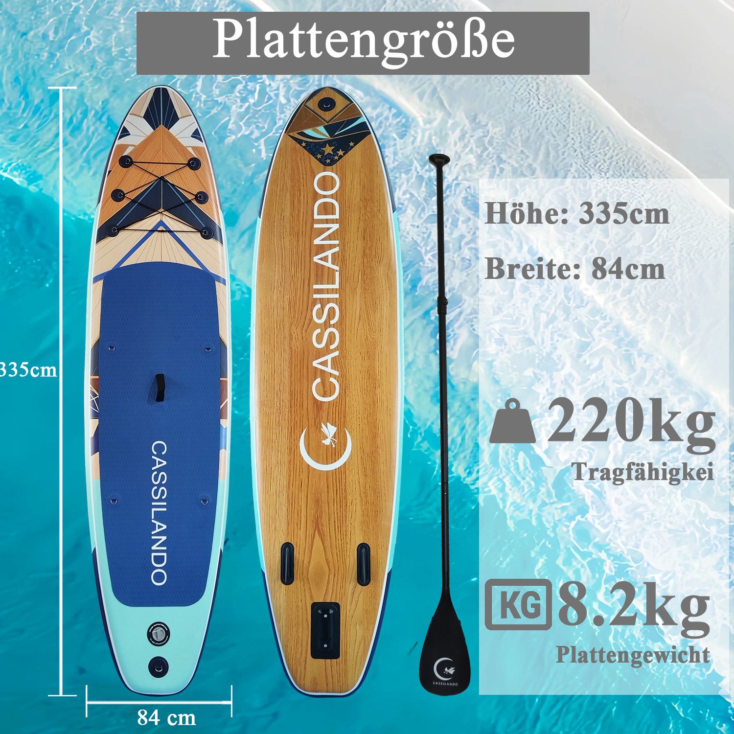 CASSILANDO SUP-Board Aufblasbares SUP-Board 335 x 84 cm mit 220 kg Belastbarkeit, (Set, Hand pumpe, Verstellbares Paddel, Sicherheitsgurt, Reparatursatz, Rucksa – Bild 2 von 5