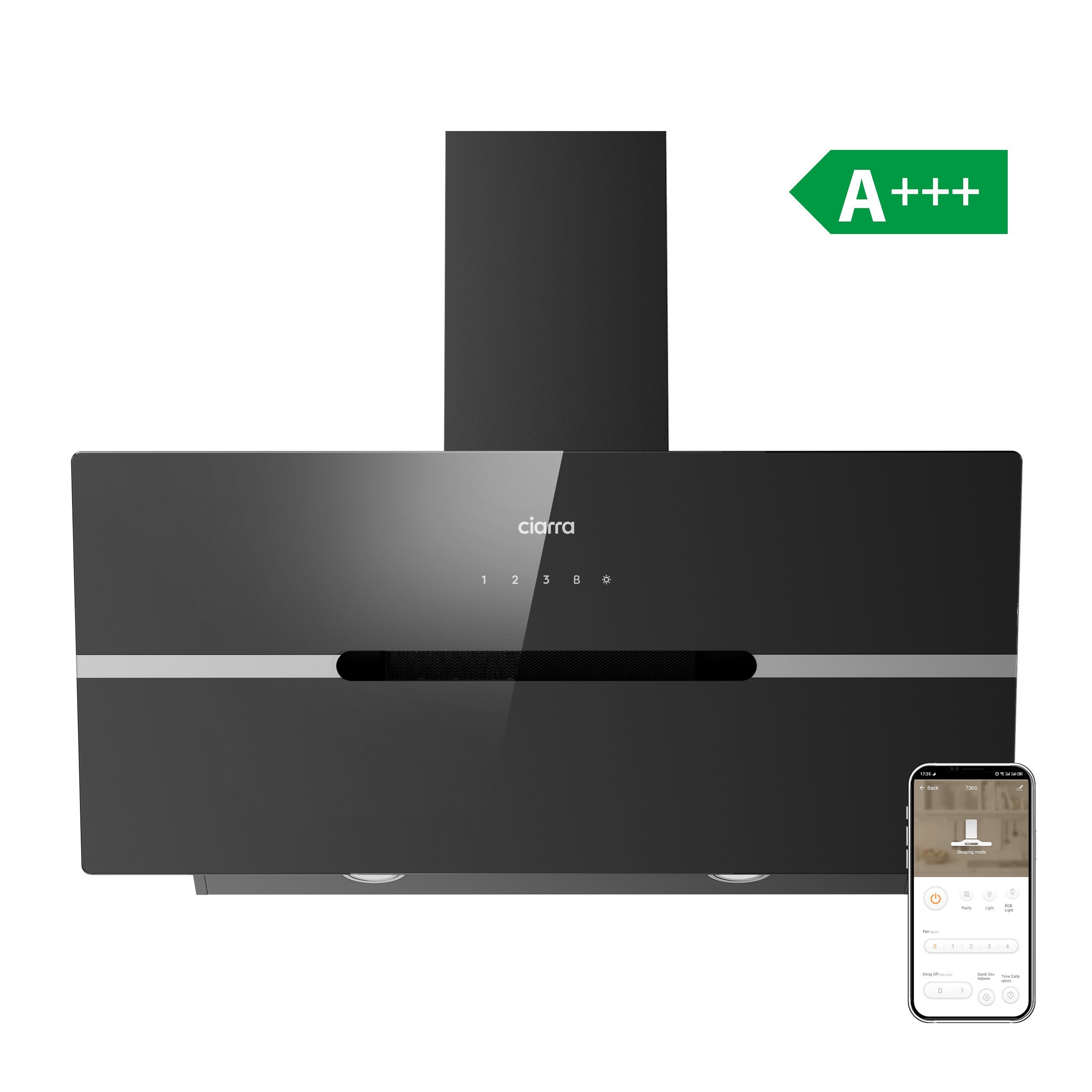 CIARRA Kopffreihaube 90 cm Dunstabzugshaube A+++ 683 m³/h starke Saugleistung LED VMB9736F Serie 4 Stufen Inkl. BOOST 90 cm Dunstabzugshaube A+++ 683 m³/h starke Saugleistung LED VMB9736F, Leise Schräghaube WIFI-APP Touch Control Umluft & Abluft