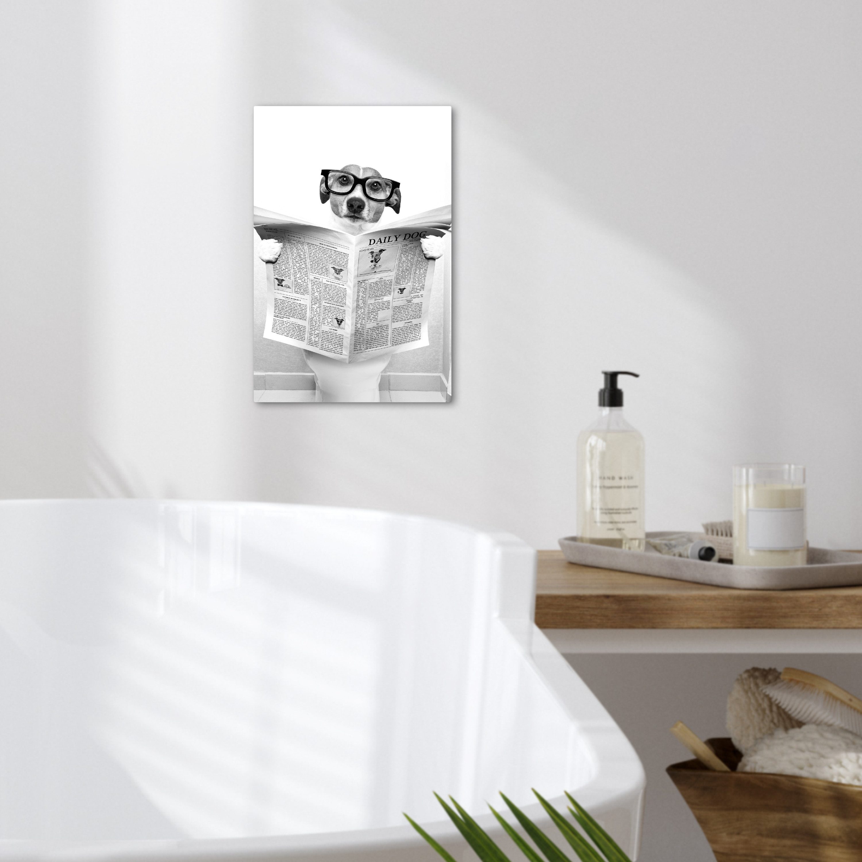 OneMillionCanvasses® Leinwandbild Hund - Zeitung - Toilette - Schwarz und weiß - Tiere, Fotodruck (1 St), Badezimmer Deko, Bilder WC, Toilette Wanddeko 20x30 cm
