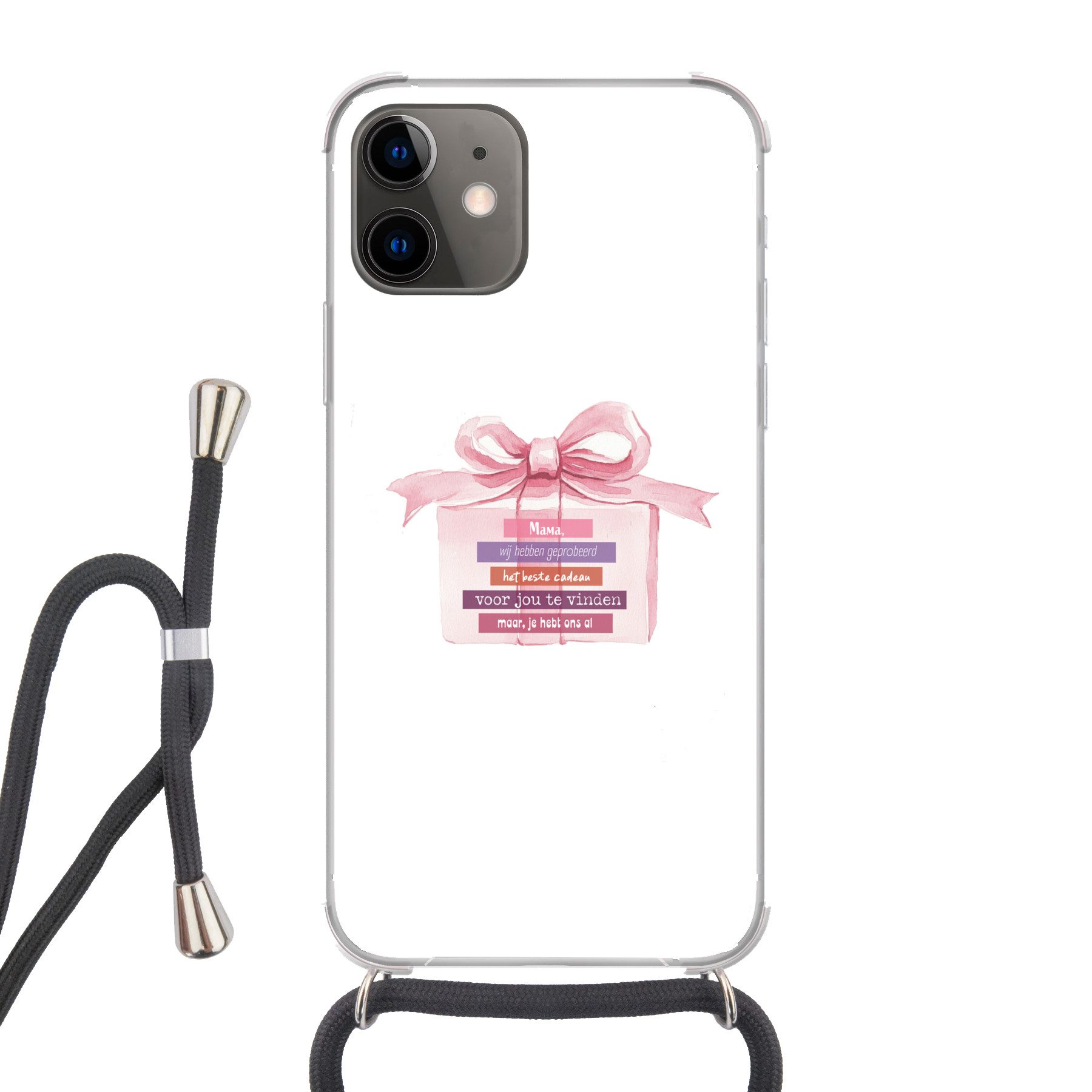 MuchoWow Handyhülle für Apple iPhone 12 Geschenk - Schleife - Text - Rosa, Tragbare Handyhüllen mit Kette zum umhängen, Handykette Handyband