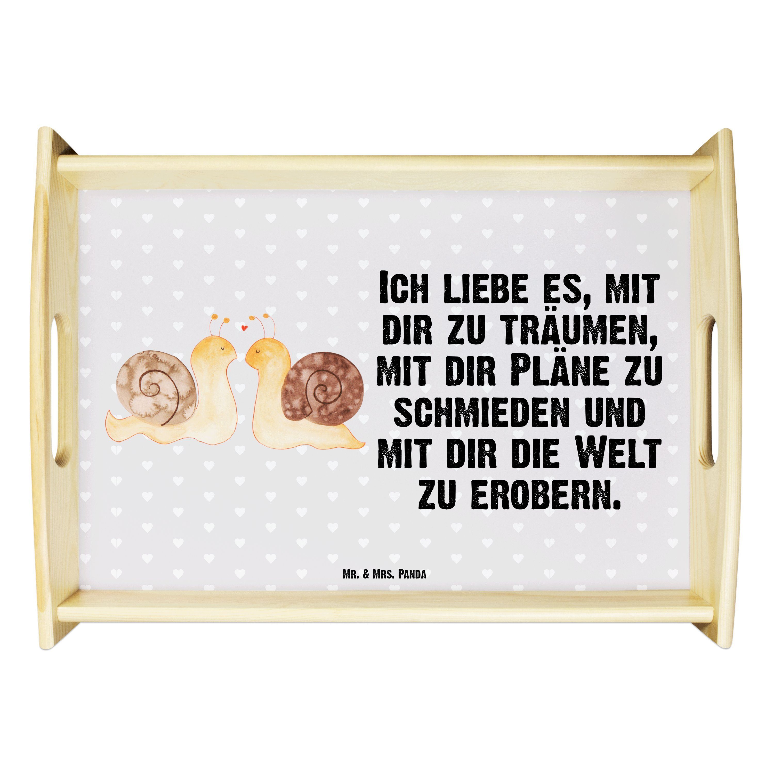 Mr. & Mrs. Panda Tablett Schnecken Liebe - Grau Pastell - Geschenk, Freundin, Küchentablett, F, Echtholz lasiert, (1-tlg)