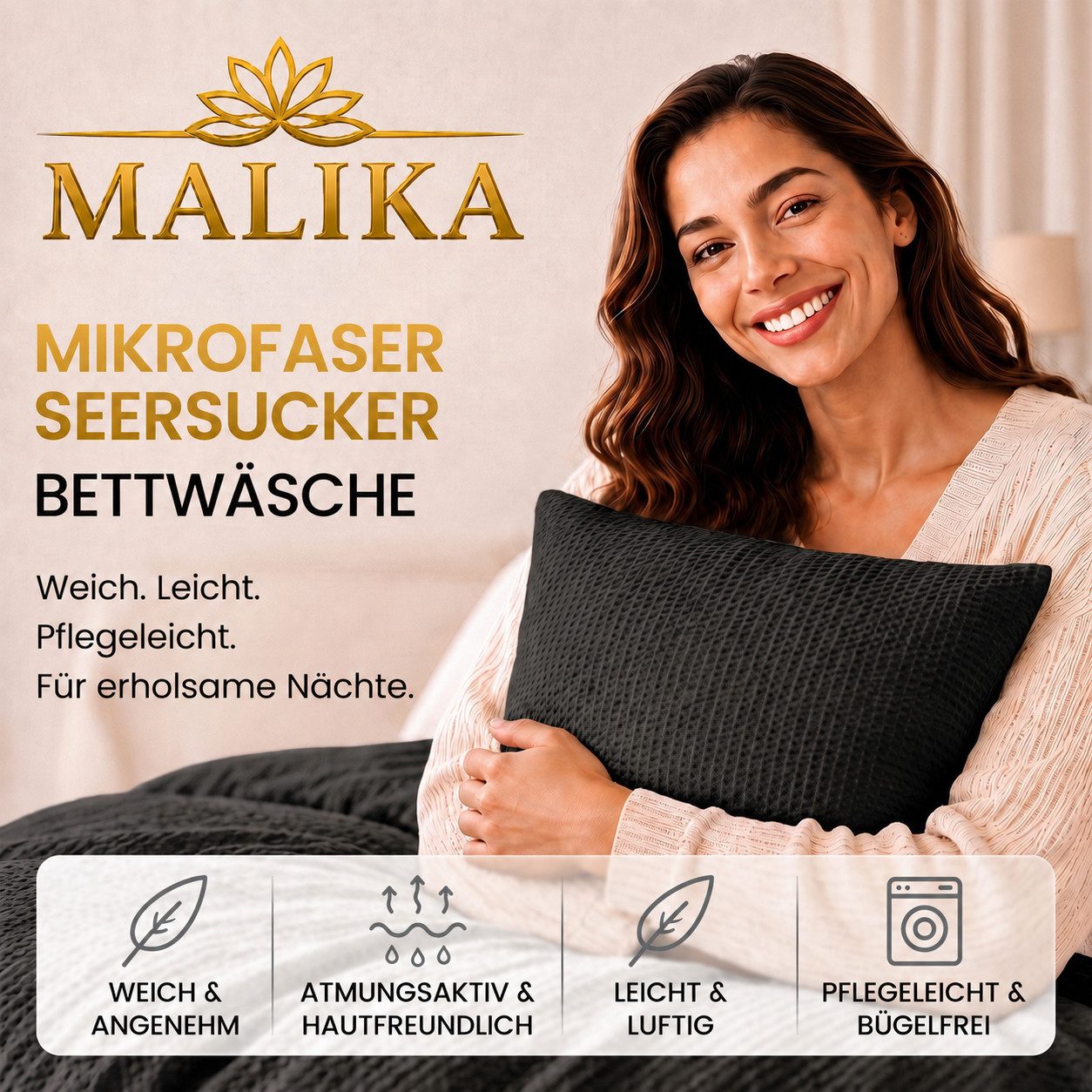 Malika Bettwäsche aus 100 % Mikrofaser, 155x220 + 80x80 cm, Seersucker, Schwarz, Seersucker, 2 teilig, Für Allergiker geeignet, pflegeleicht, angenehm weicher Stoff