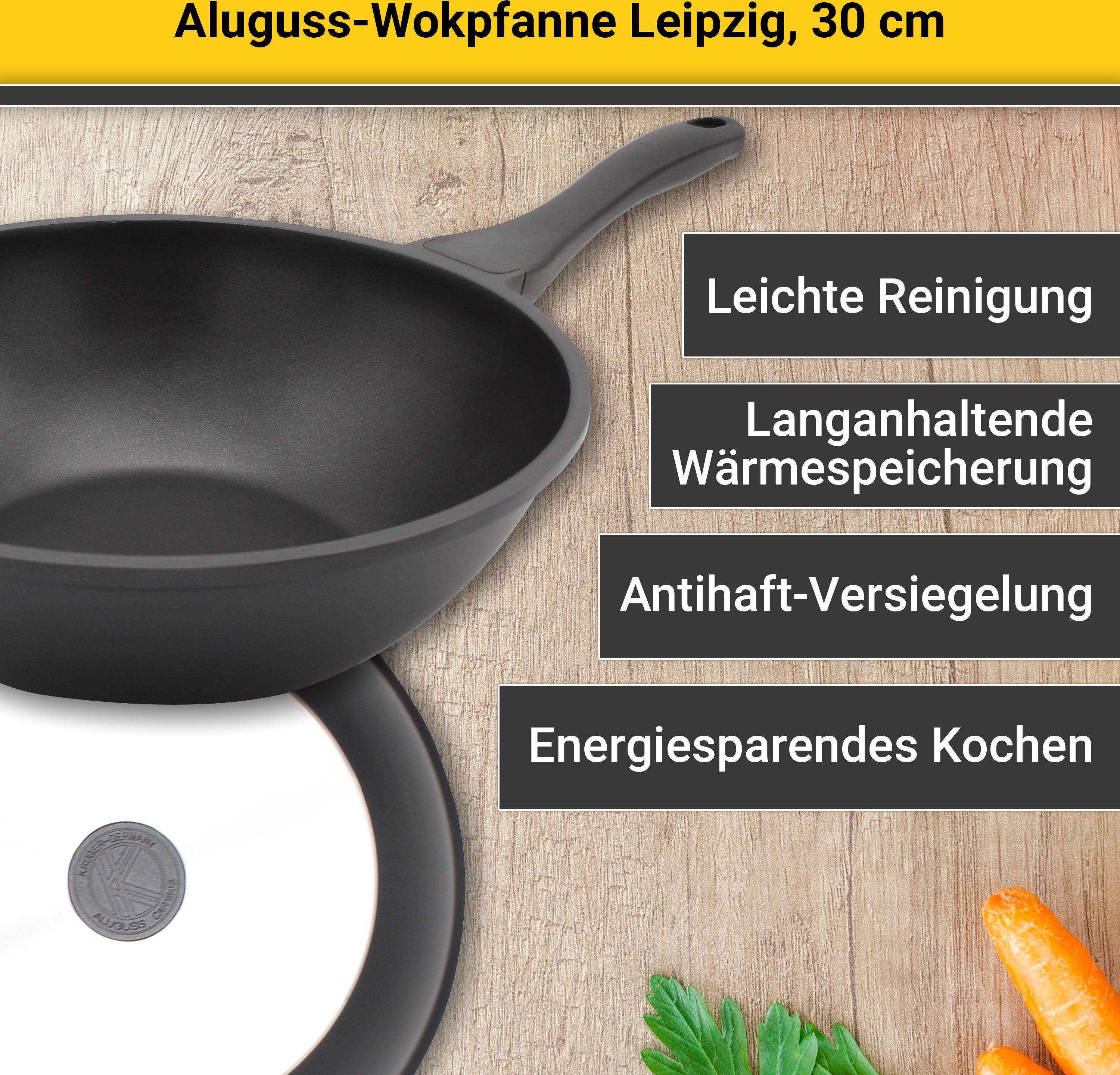 Krüger Wok Aluguss Wokpfanne LEIPZIG, 30 cm, Aluminiumguss (1-tlg), hochwertige Antihaft-Versiegelung – Bild 4 von 5