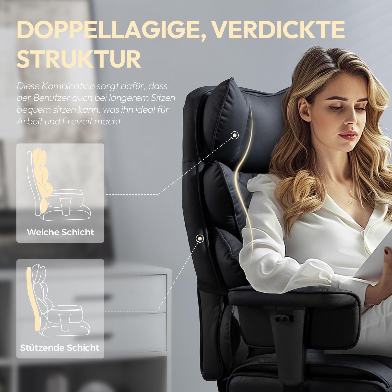 Dowinx Gaming-Stuhl Bürostuhl Ergonomisch mit Taschenfeder-Kissen (Packung), Chefsessel mit weiche Rückenlehne und verstellbare Lendenkissen