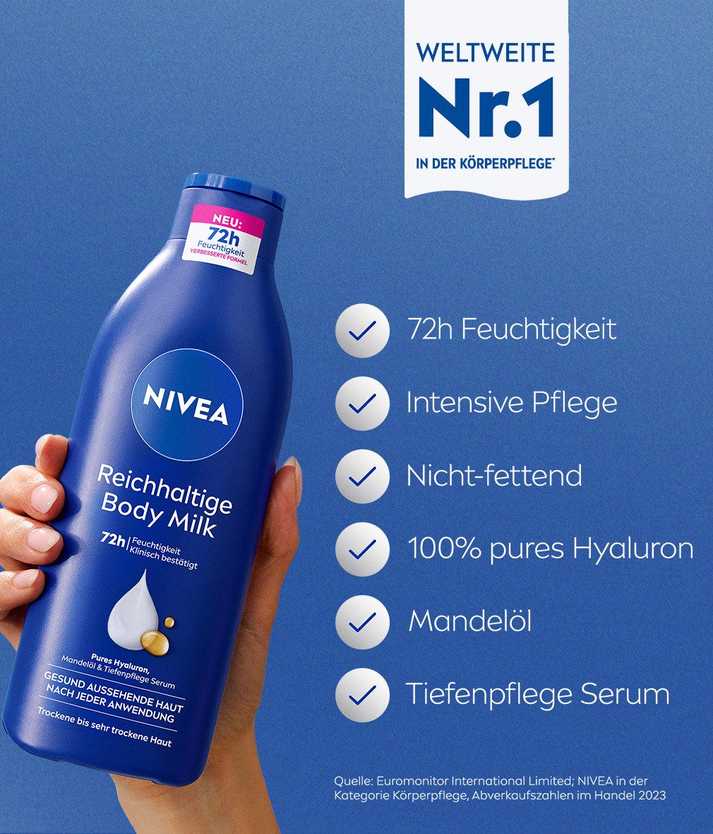 Nivea Körpermilch Body Reichhaltige Milk 2 x 400ml 72h intensive Feuchtigkeit, 2-tlg., spendet 72h intensive Feuchtigkeit