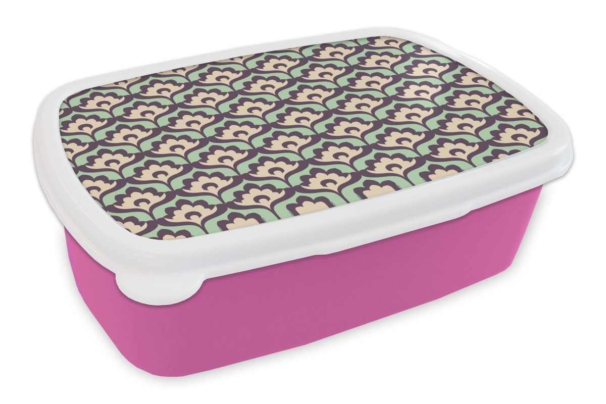 MuchoWow Lunchbox Muster - Retro - Blumen, Kunststoff, (2-tlg), Brotbox für Erwachsene, Brotdose Kinder, Snackbox, Mädchen, Kunststoff rosa